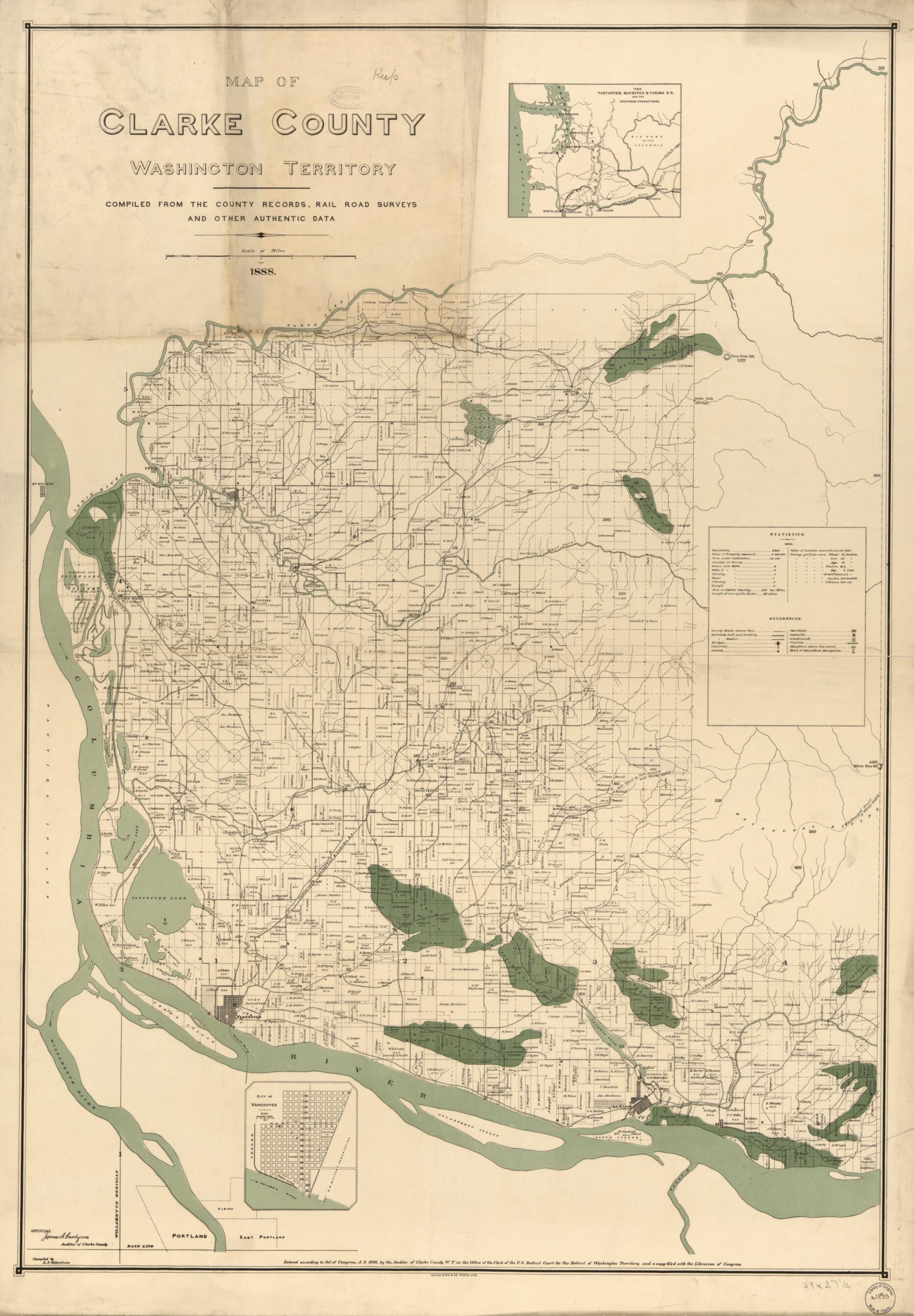 This old map of Map of Clarke County, Washington Territory : Compiled from the County Records, Rail Road Surveys, and Other Authentic Data from 1888 was created by Robert A. Habersham, Julius Bien & Co in 1888