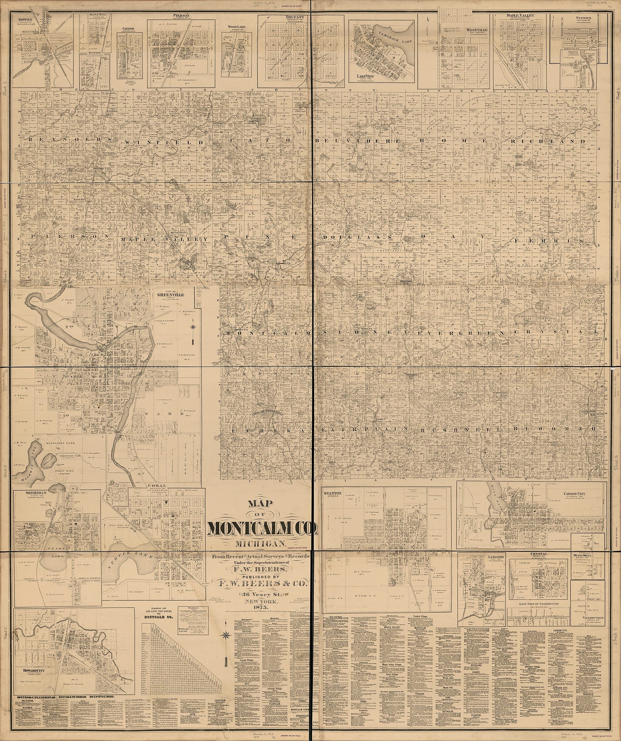 This old map of Topographic Map of Montcalm County, Michigan from 1875 was created by F. W. Beer & Co, Charles Hart, Louis E. Neumann in 1875