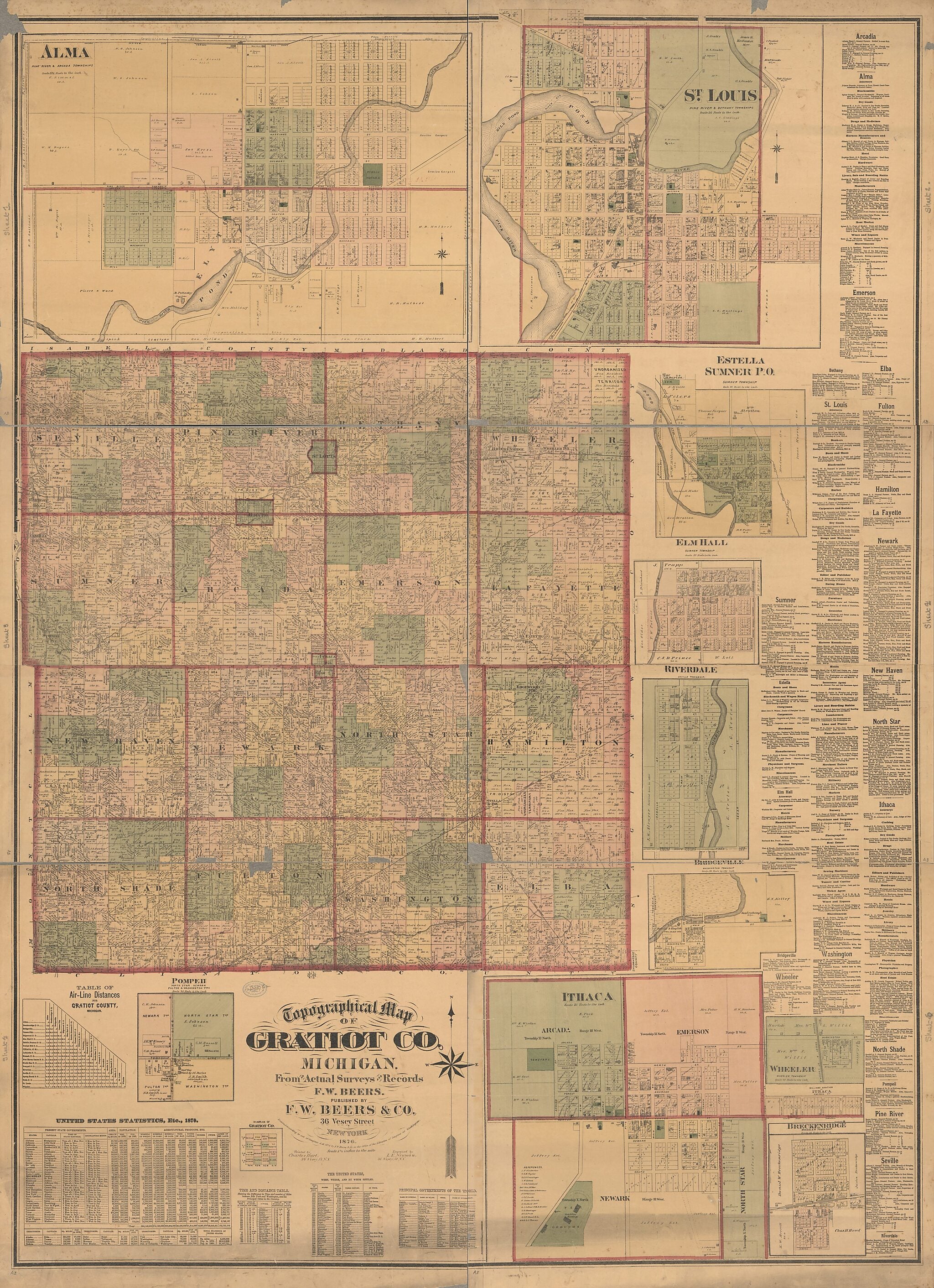 This old map of Topographic Map of Gratiot County, Michigan from 1876 was created by F. W. Beer & Co, Charles Hart, Louis E. Neumann in 1876