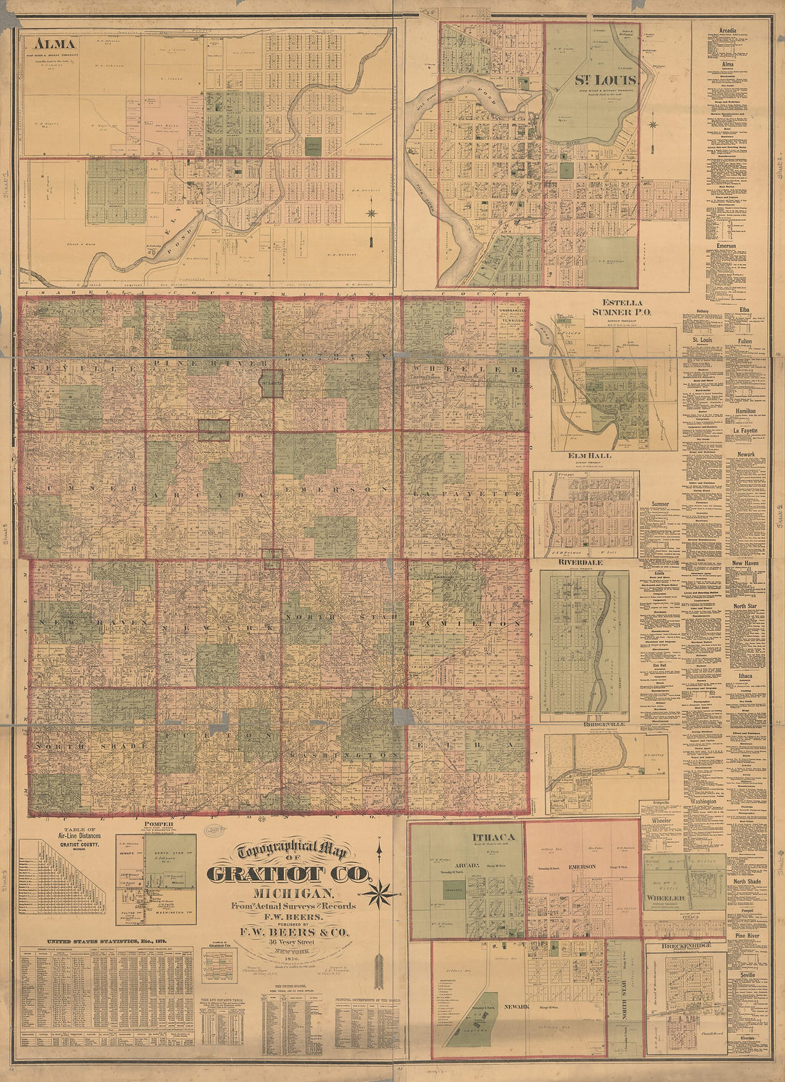 This old map of Topographic Map of Gratiot County, Michigan from 1876 was created by F. W. Beer & Co, Charles Hart, Louis E. Neumann in 1876