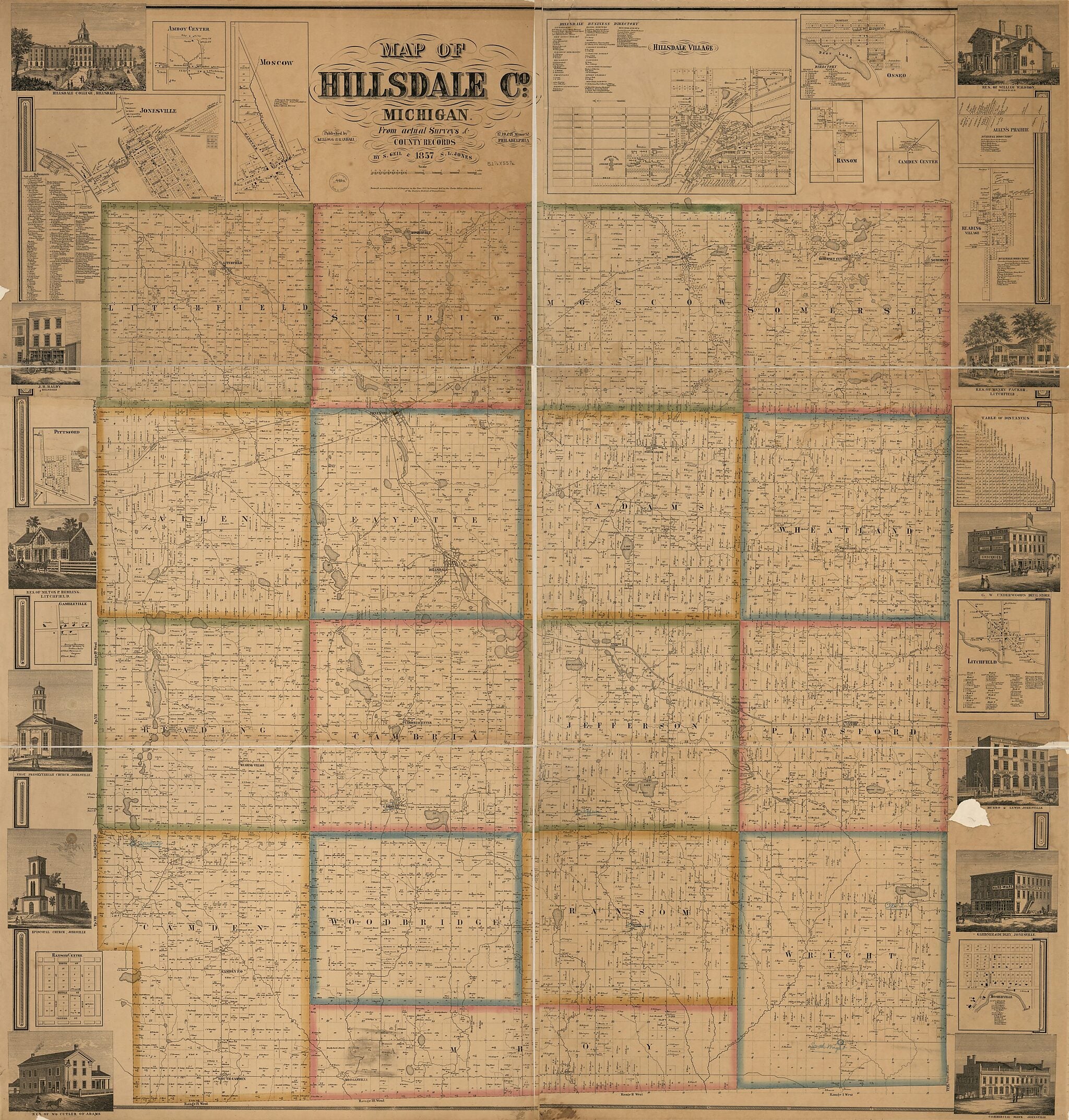 This old map of Map of Hillsdale County, Michigan from 1857 was created by Geil & Harley, Geil and Jones, Kellogg & Randall, Worley & Bracher in 1857