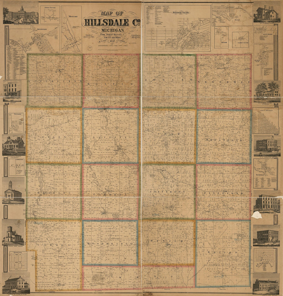 This old map of Map of Hillsdale County, Michigan from 1857 was created by Geil & Harley, Geil and Jones, Kellogg & Randall, Worley & Bracher in 1857