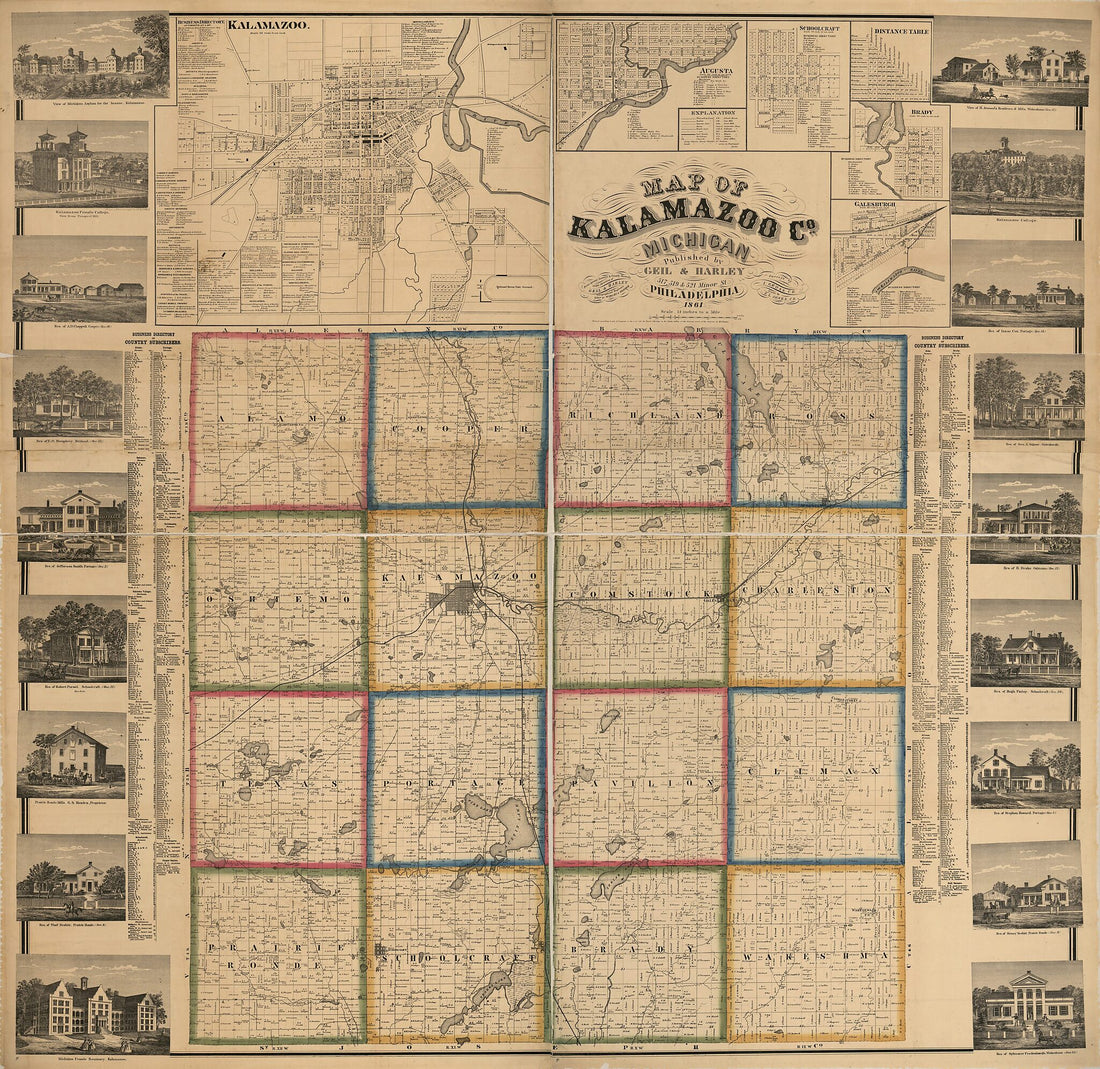 This old map of Map of Kalamazoo County, Michigan from 1861 was created by Geil & Harley, I. M. Gross, S. L. Jones, Worley & Bracher in 1861