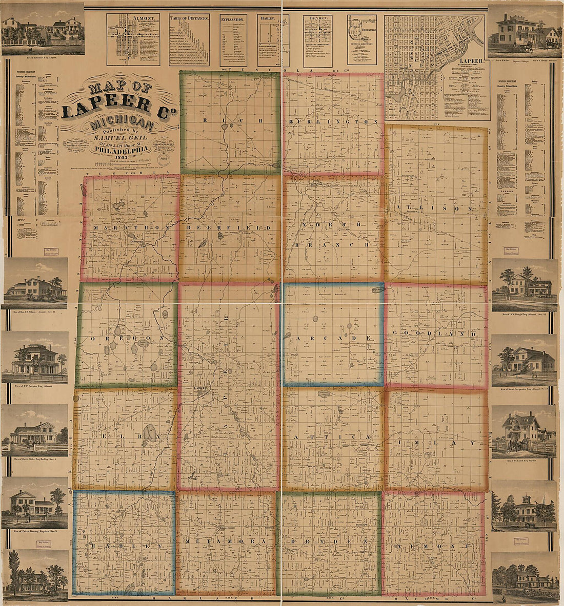This old map of Map of Lapeer County, Michigan from 1863 was created by W. E. Doughty, F. Bourquin & Co, Geil & Harley, I. M. Gross, Worley & Bracher in 1863