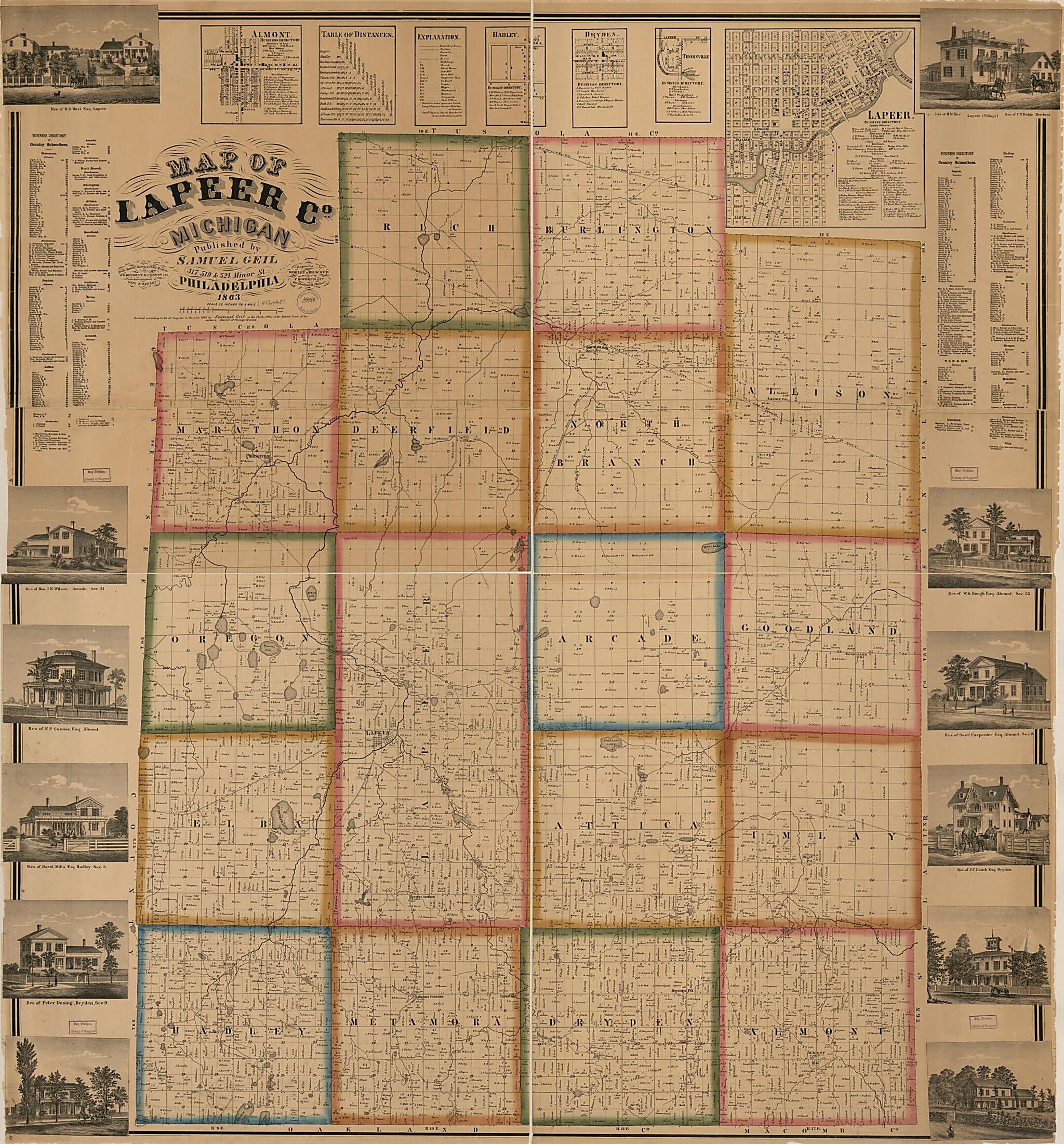 This old map of Map of Lapeer County, Michigan from 1863 was created by W. E. Doughty, F. Bourquin & Co, Geil & Harley, I. M. Gross, Worley & Bracher in 1863