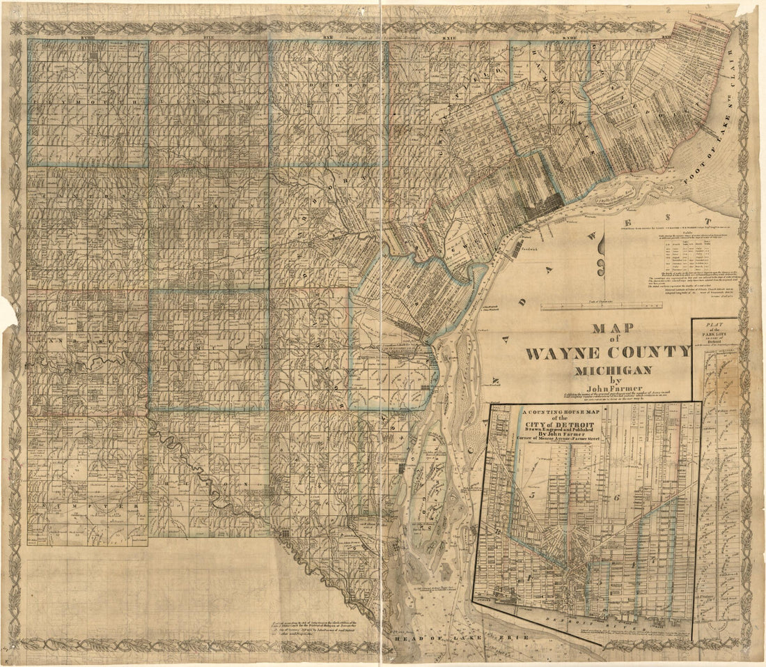 This old map of Map of Wayne County, Michigan : Exhibiting the Names of the Original Purchases and the Number of Acres In Each Tract Exception Regular Subdivisions of Perfect Sections Which Contain 40, 80, 130, 180, 200, 240, 280, & C Acres As the Case M