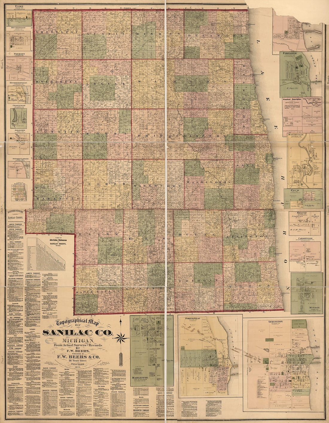 This old map of Topographical Map of Sanilac County, Michigan : from Actual Surveys and Records from 1876 was created by F.W. Beers & Co, L.E. Neuman in 1876