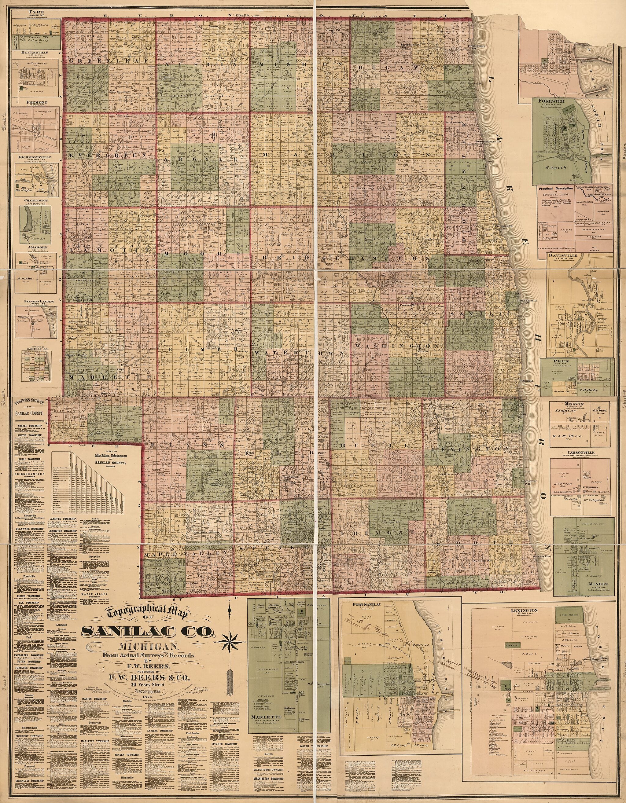 This old map of Topographical Map of Sanilac County, Michigan : from Actual Surveys and Records from 1876 was created by F.W. Beers & Co, L.E. Neuman in 1876
