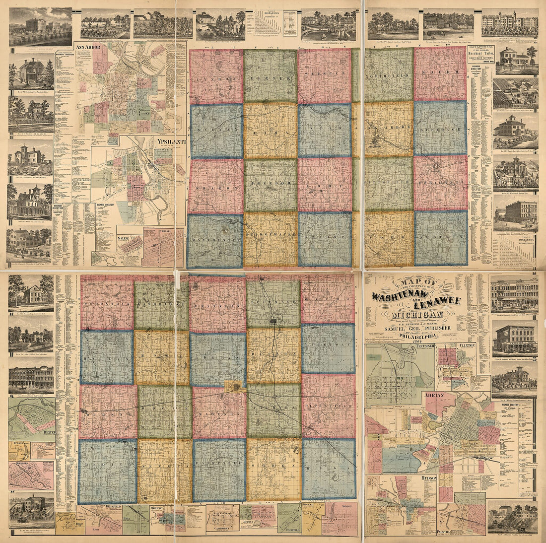 This old map of Map of the Counties of Washtenaw and Lenawee, Michigan from 1864 was created by Gustavus R. Bechler, Samuel Geil, E. Wenig, Worley & Bracher in 1864