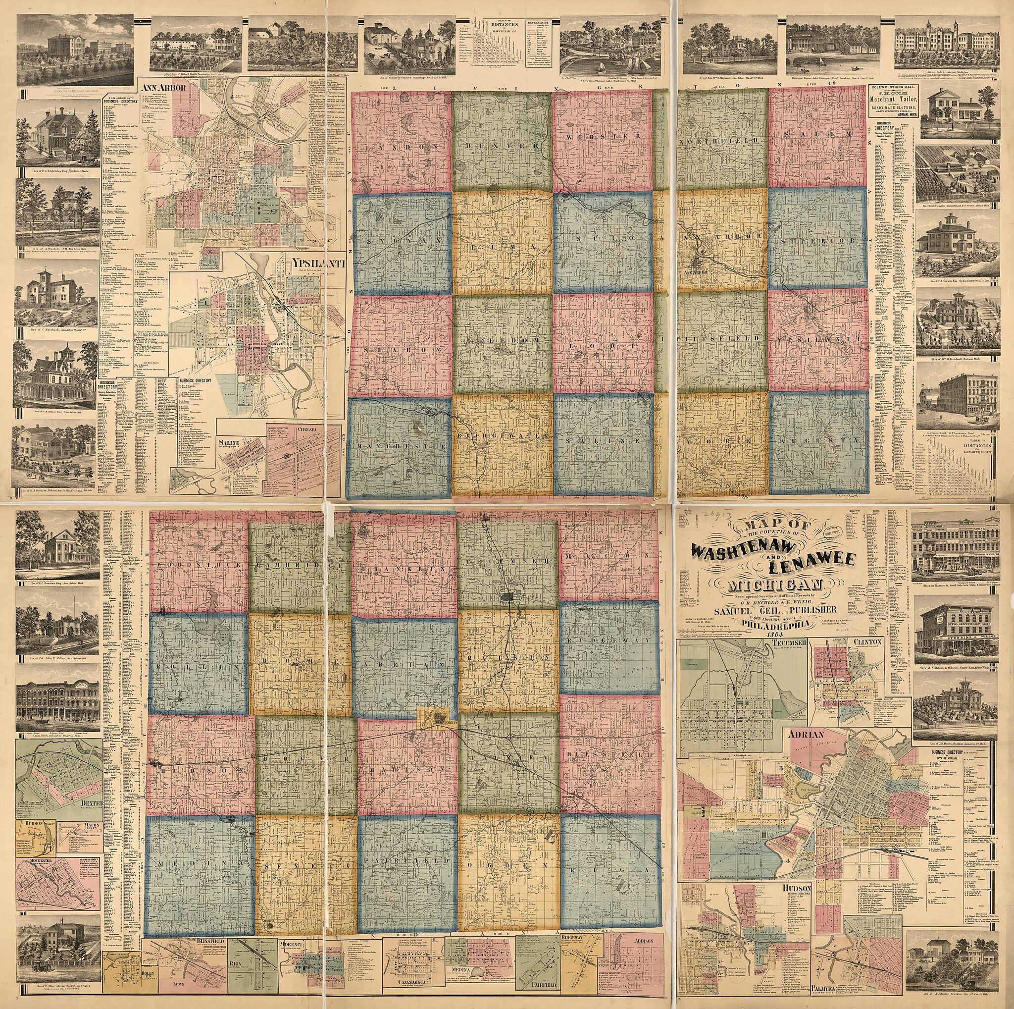 This old map of Map of the Counties of Washtenaw and Lenawee, Michigan from 1864 was created by Gustavus R. Bechler, Samuel Geil, E. Wenig, Worley & Bracher in 1864
