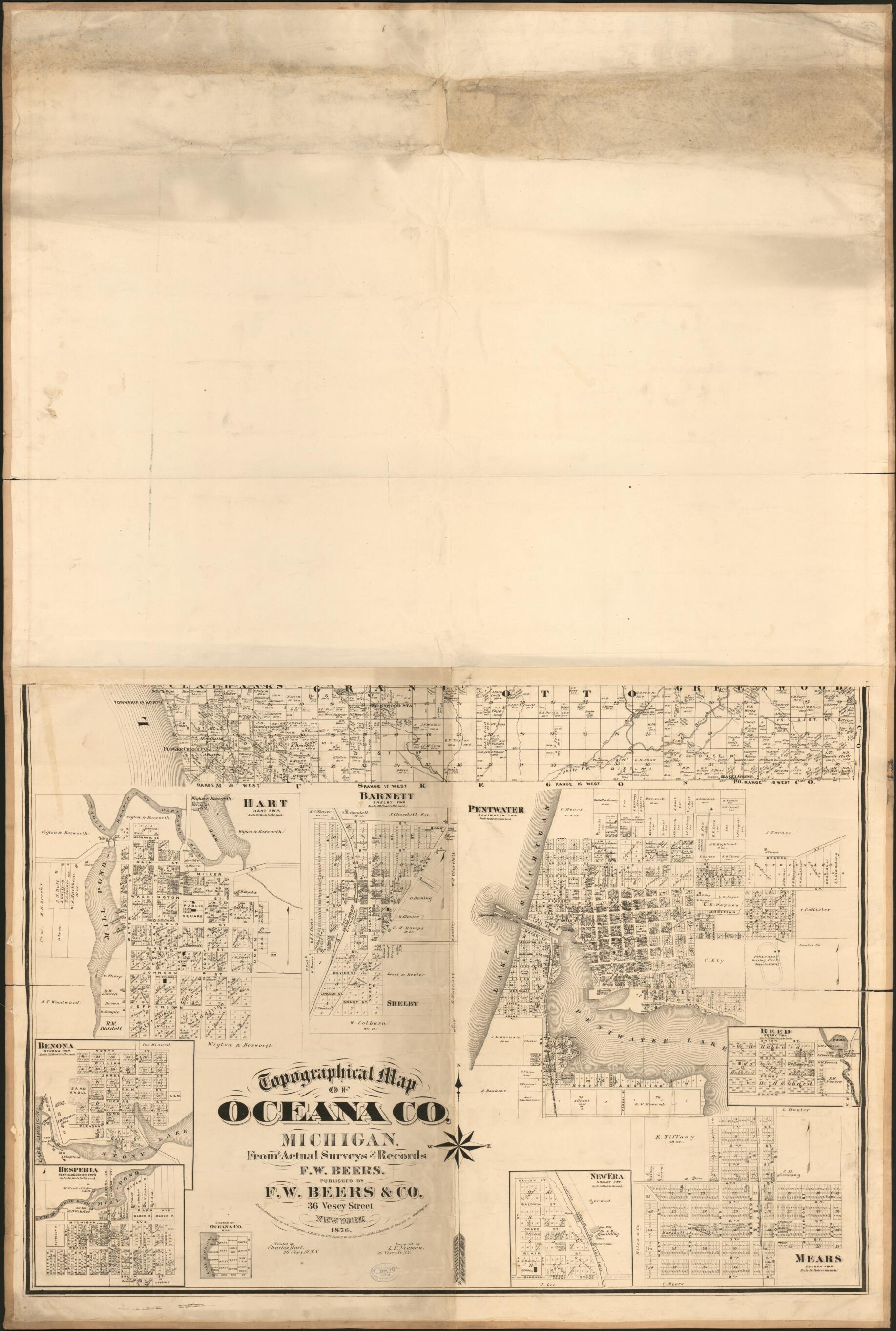 This old map of Topographical Map of Oceana Co., Michigan from 1876 was created by F.W. Beers & Co in 1876