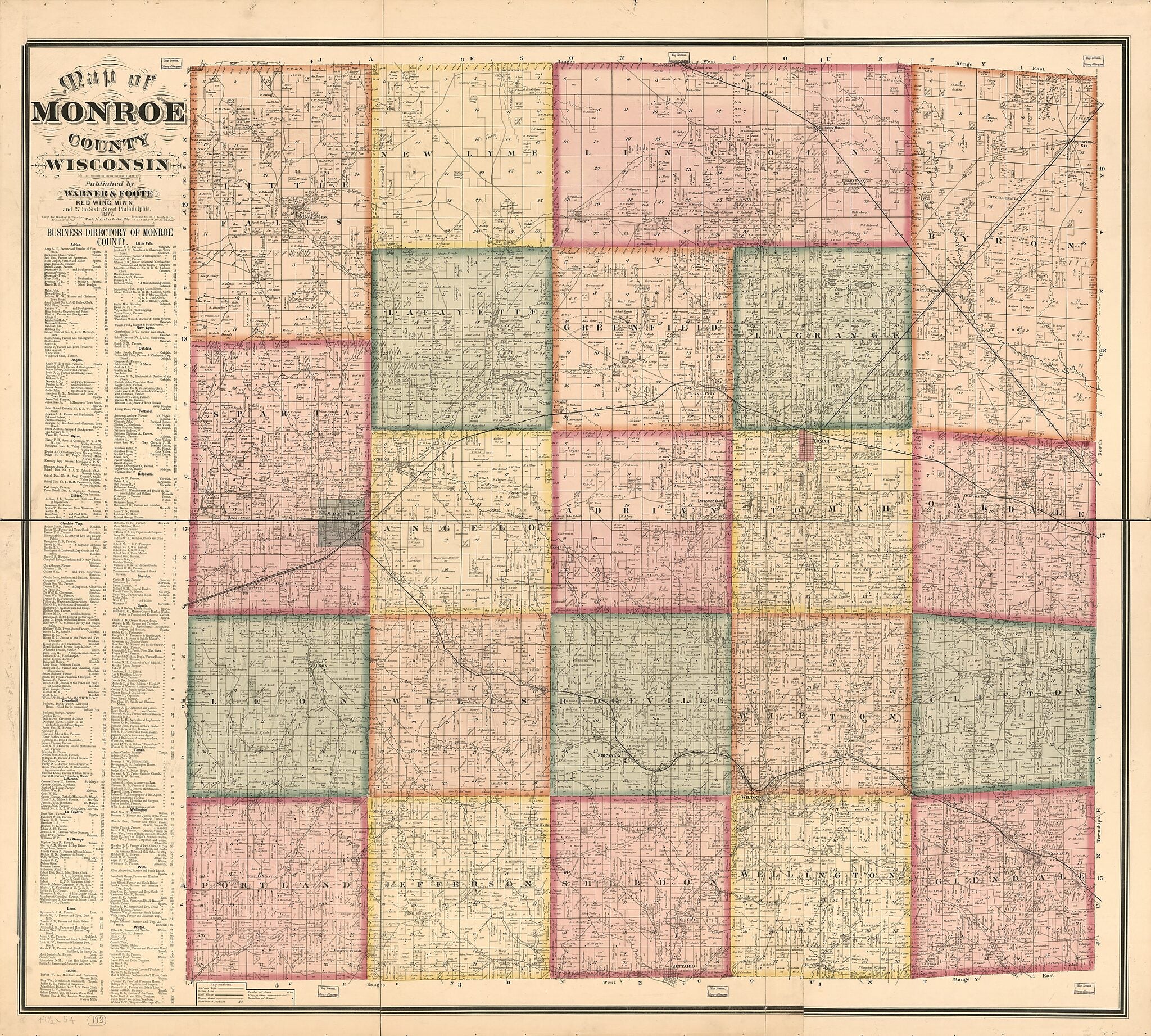 This old map of Map of Monroe County, Wisconsin from 1877 was created by H.J. Toudy & Co, Warner & Foote, Worley & Bracher in 1877
