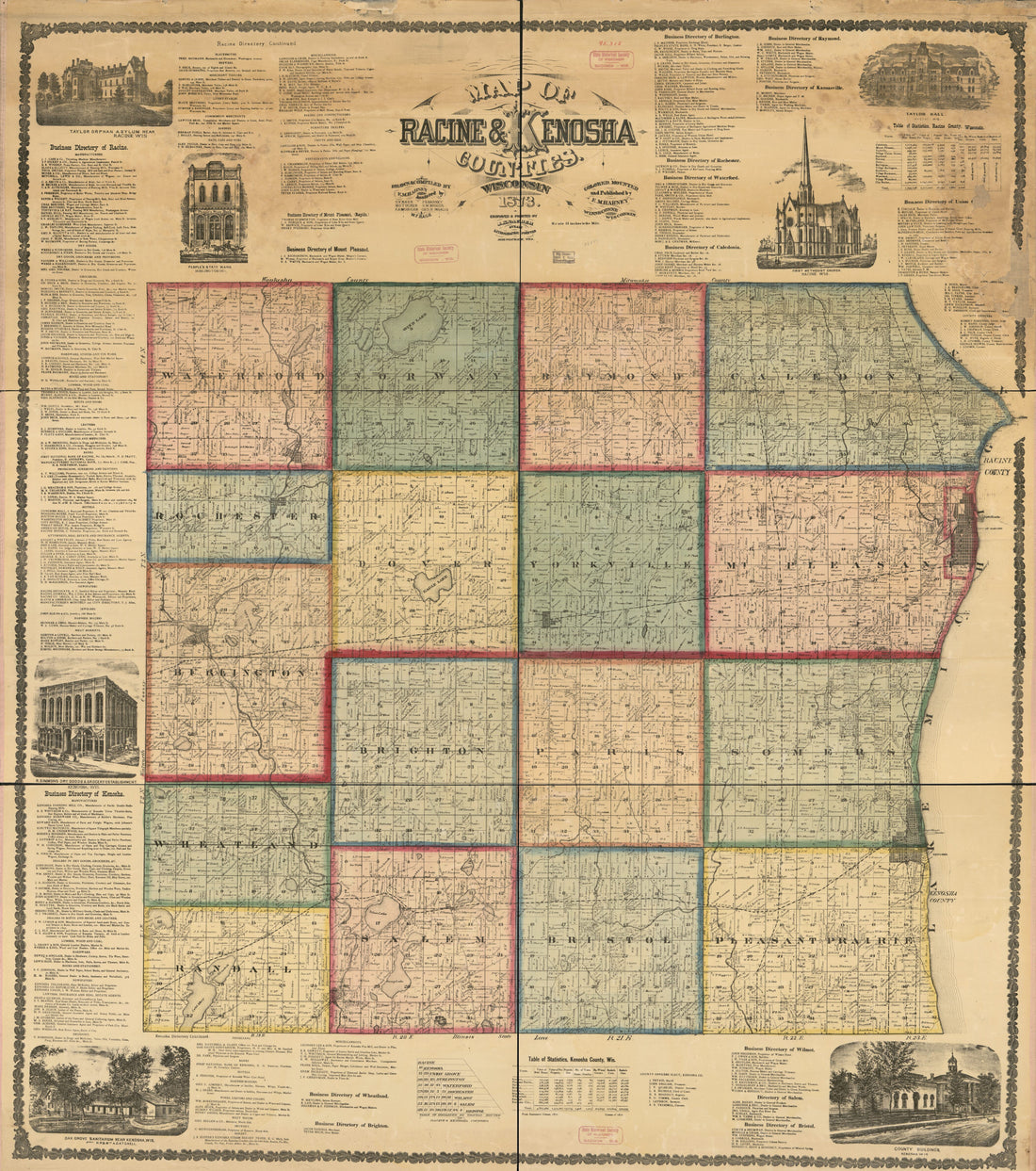 This old map of Map of Racine & Kenosha Counties, Wisconsin from 1873 was created by E. M. Harney, J. Knauber & Co, W. F. Nash in 1873