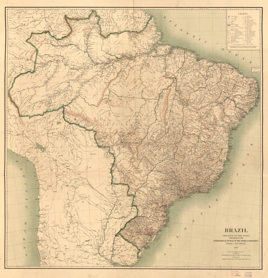 This old map of Brazil : from Official and Other Sources from 1905 was created by Williams C. Fox, International Bureau of the American Republics in 1905