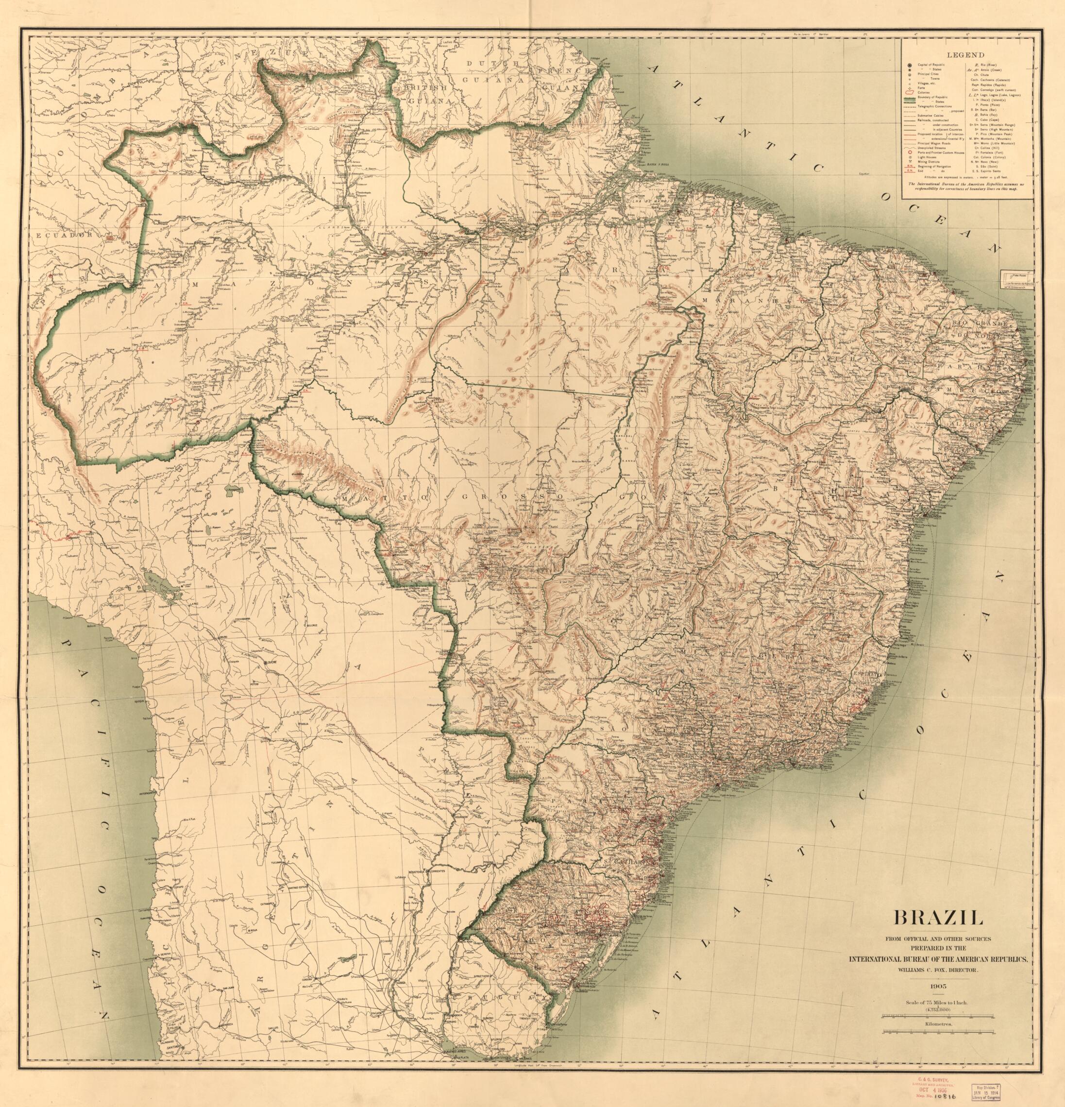 This old map of Brazil : from Official and Other Sources from 1905 was created by Williams C. Fox, International Bureau of the American Republics in 1905
