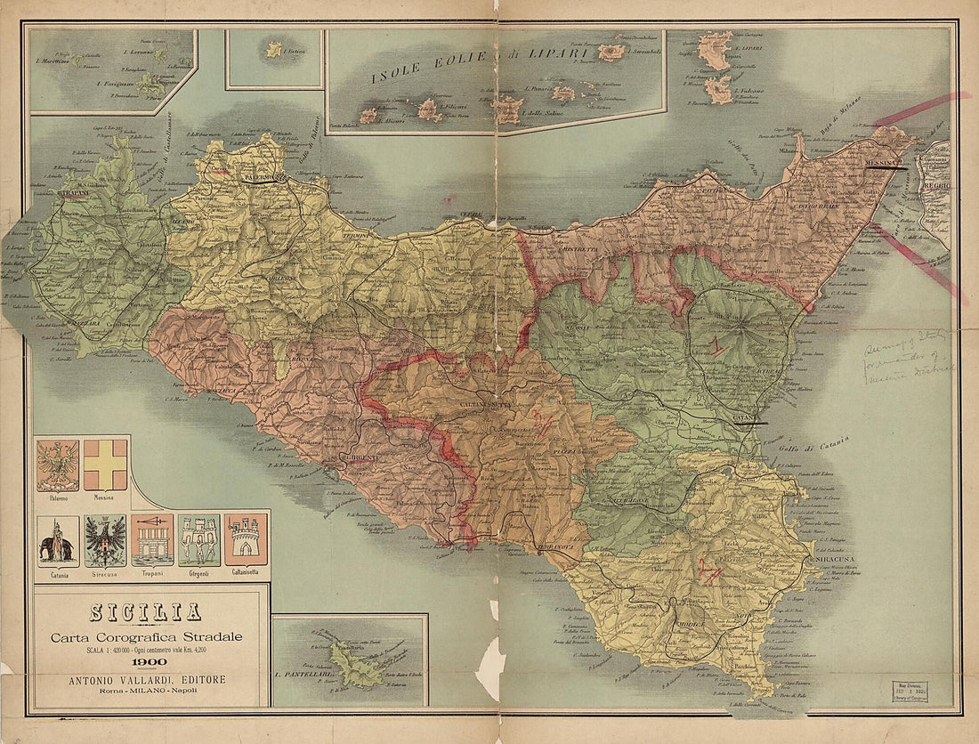 This old map of Sicilia Carta Corografica Stradale from 1900 was created by Antonio Vallardi (Firm) in 1900