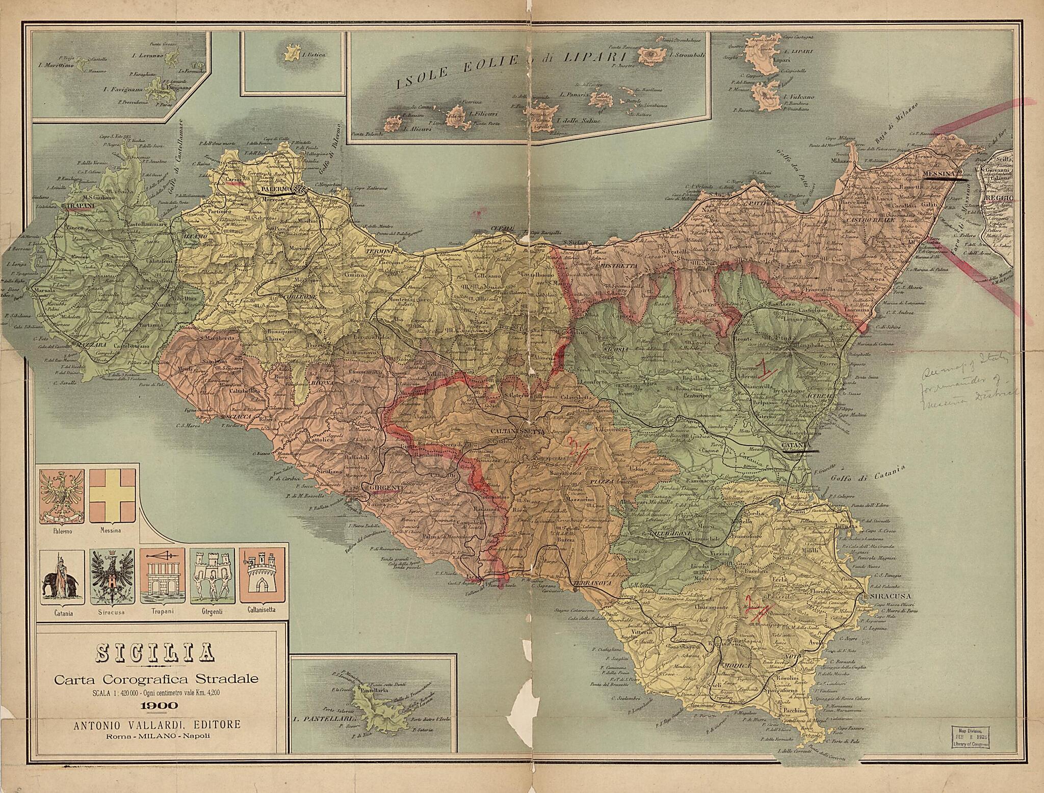This old map of Sicilia Carta Corografica Stradale from 1900 was created by Antonio Vallardi (Firm) in 1900