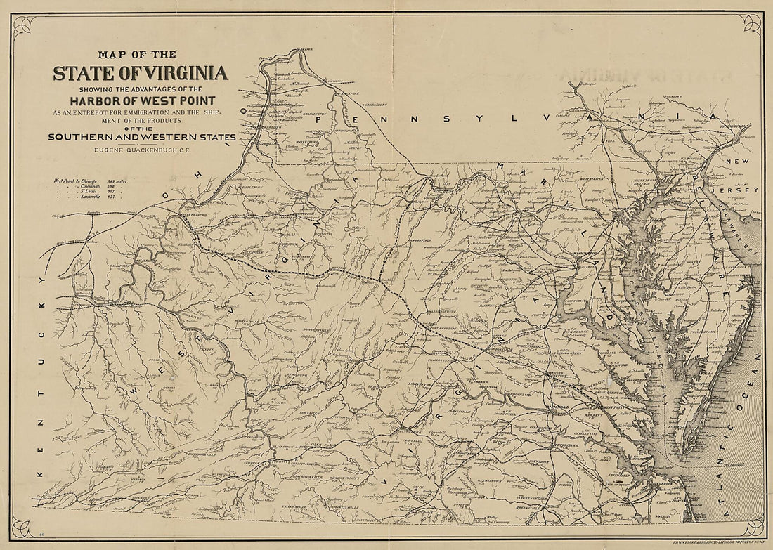 This old map of Map of the State of Virginia : Showing the Advantages of the Harbor of West Point As an Entrepot for Emmigration and the Shipment of the Products of the Southern and Western States from 1875 was created by Ed. W. Welcke & Bro, Eugene Qua