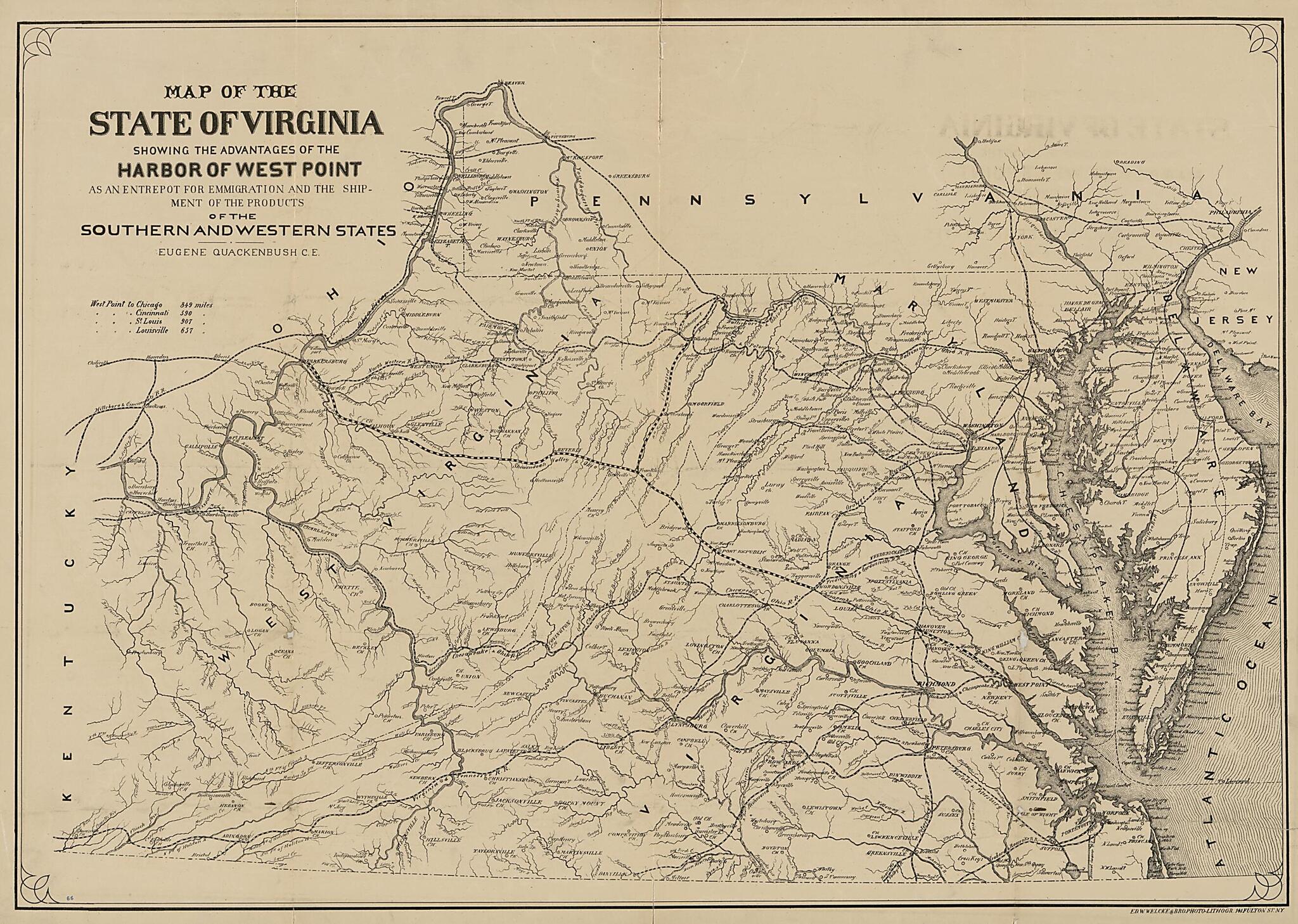 This old map of Map of the State of Virginia : Showing the Advantages of the Harbor of West Point As an Entrepot for Emmigration and the Shipment of the Products of the Southern and Western States from 1875 was created by Ed. W. Welcke & Bro, Eugene Qua