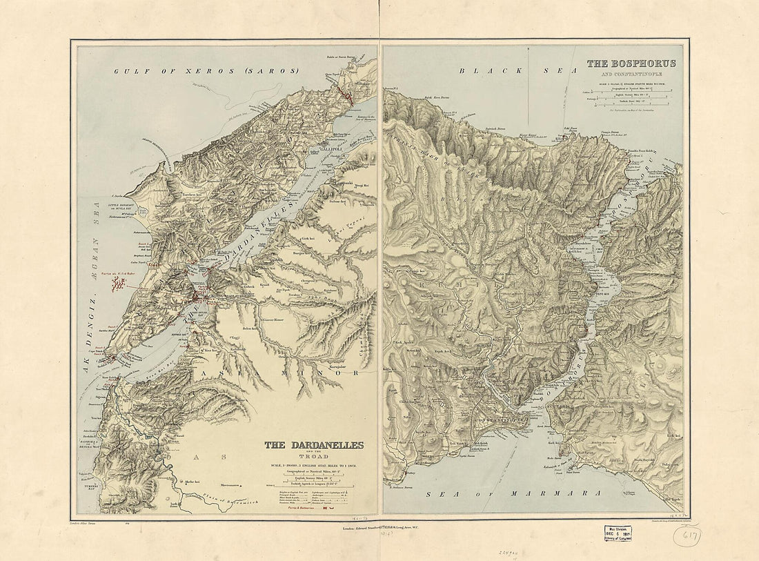 This old map of The Dardanelles and the Troad ; the Bosphorus and Constantinople from 1914 was created by Edward Stanford Ltd in 1914