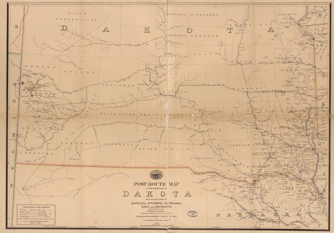 This old map of Post Route Map of the Territory of Dakota With Adjacent Parts of Montana, Wyoming, Nebraska, Iowa and Minnesota, and Portions of the Dominion of Canada from 1881 was created by W. L. Nicholson, United States. Post Office Department in 18