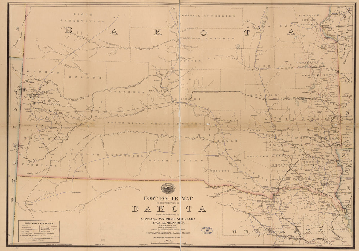 Post Route Map of the Territory of Dakota With Adjacent Parts of Montana, Wyoming, Nebraska, Iowa and Minnesota, and Portions of the Dominion of Canada in 1881 by Relic Map Company
