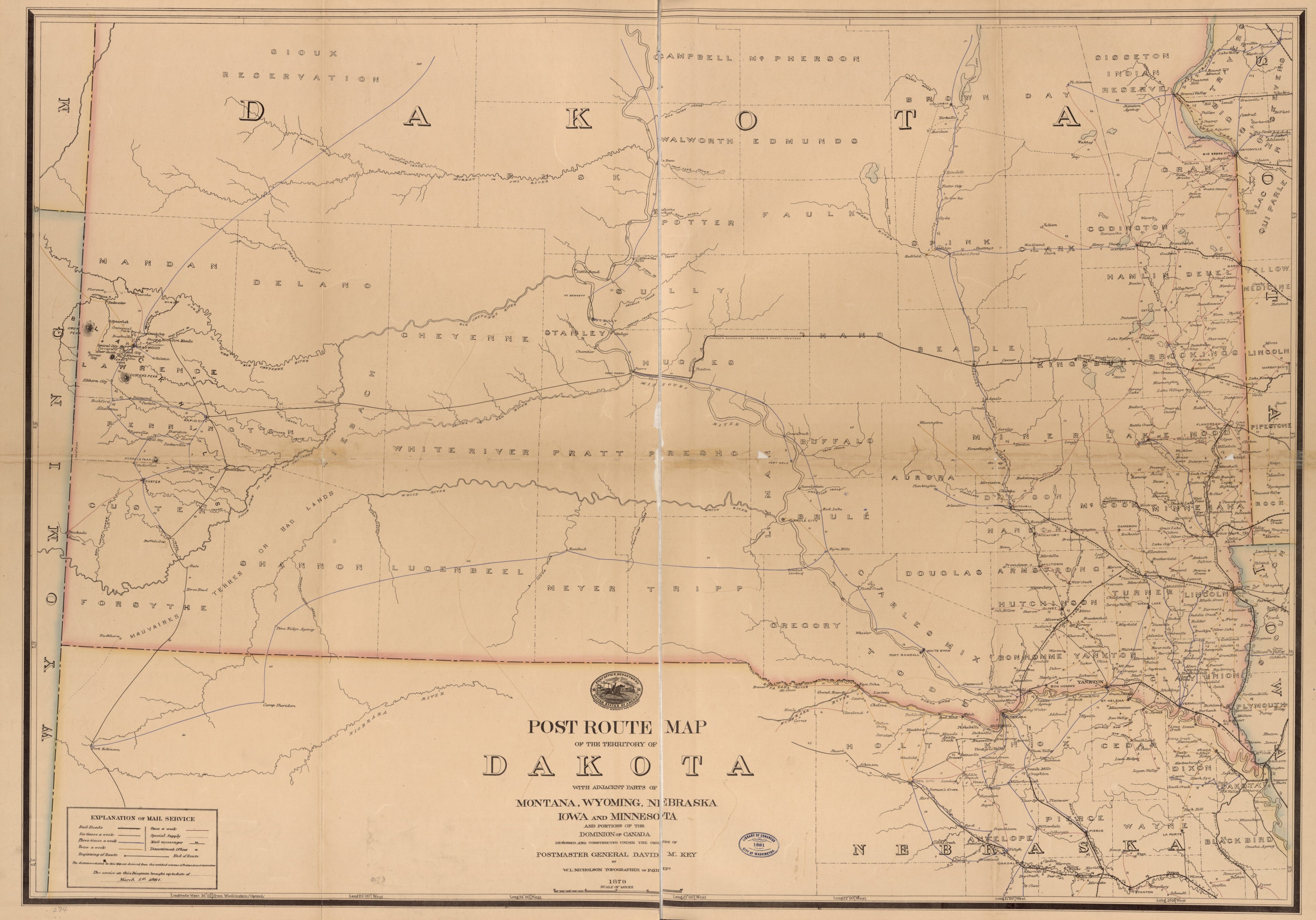 This old map of Post Route Map of the Territory of Dakota With Adjacent Parts of Montana, Wyoming, Nebraska, Iowa and Minnesota, and Portions of the Dominion of Canada from 1881 was created by W. L. Nicholson, United States. Post Office Department in 18