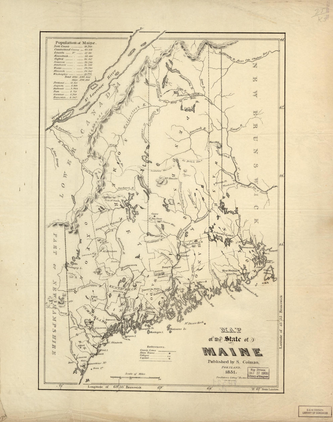 This old map of Map of the State of Maine from 1831 was created by Samuel Colman in 1831