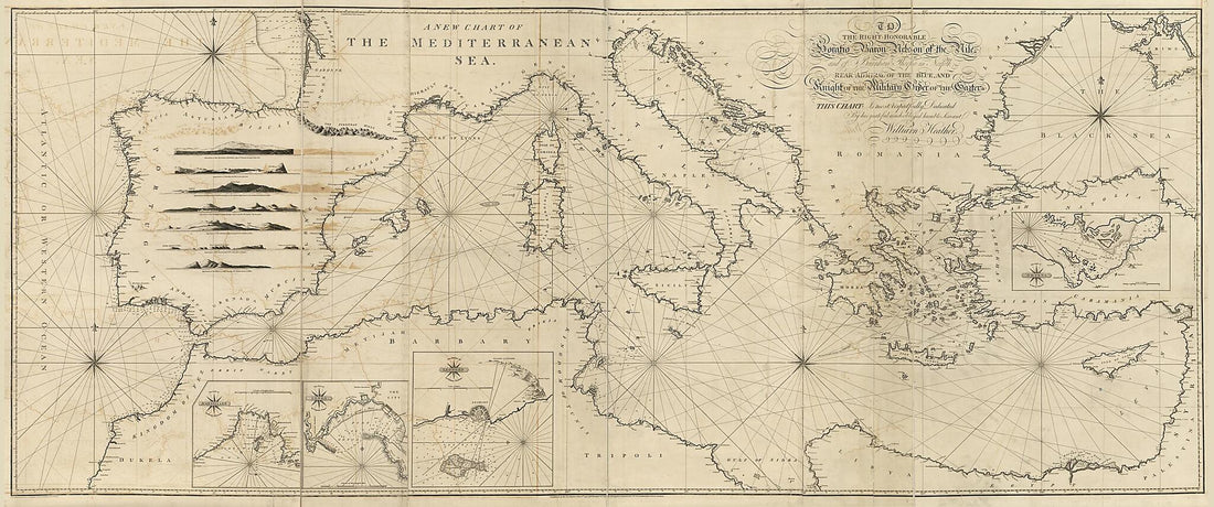 This old map of A New Chart of the Mediterranean Sea from 1797 was created by William Heather, Henri Michelot, J. W. (John William) Norie, John Stephenson, W. Heather & Co in 1797