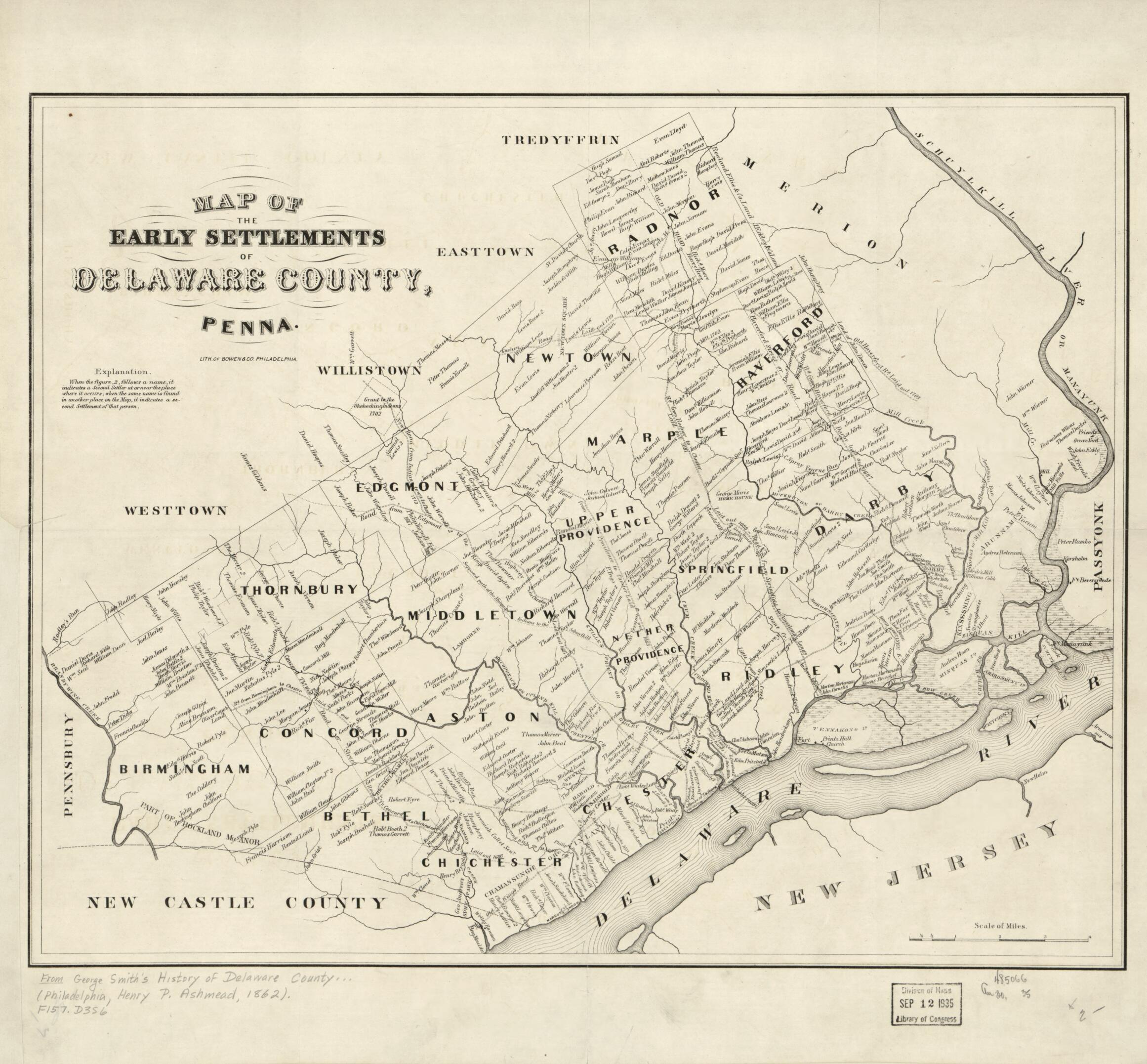 This old map of Map of the Early Settlements of Delaware County, Penna from 1790 was created by Henry Buckley Ashmead, Bowen & Co, George Smith in 1790