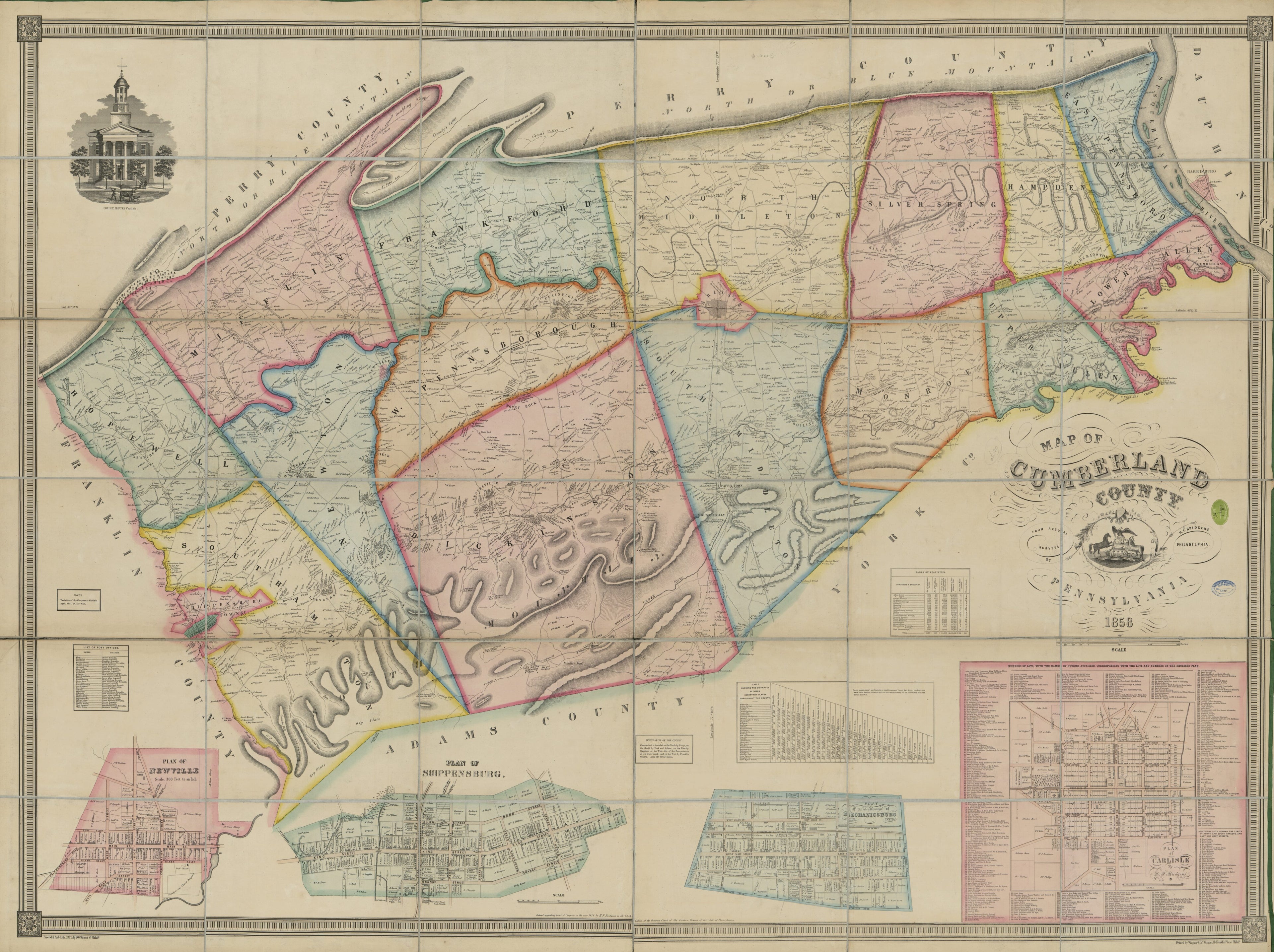 This old map of Map of Cumberland County, Pennsylvania : from Actual Surveys from 1858 was created by H. F. (Henry F.) Bridgens, Friend & Aub, Wagner & M&