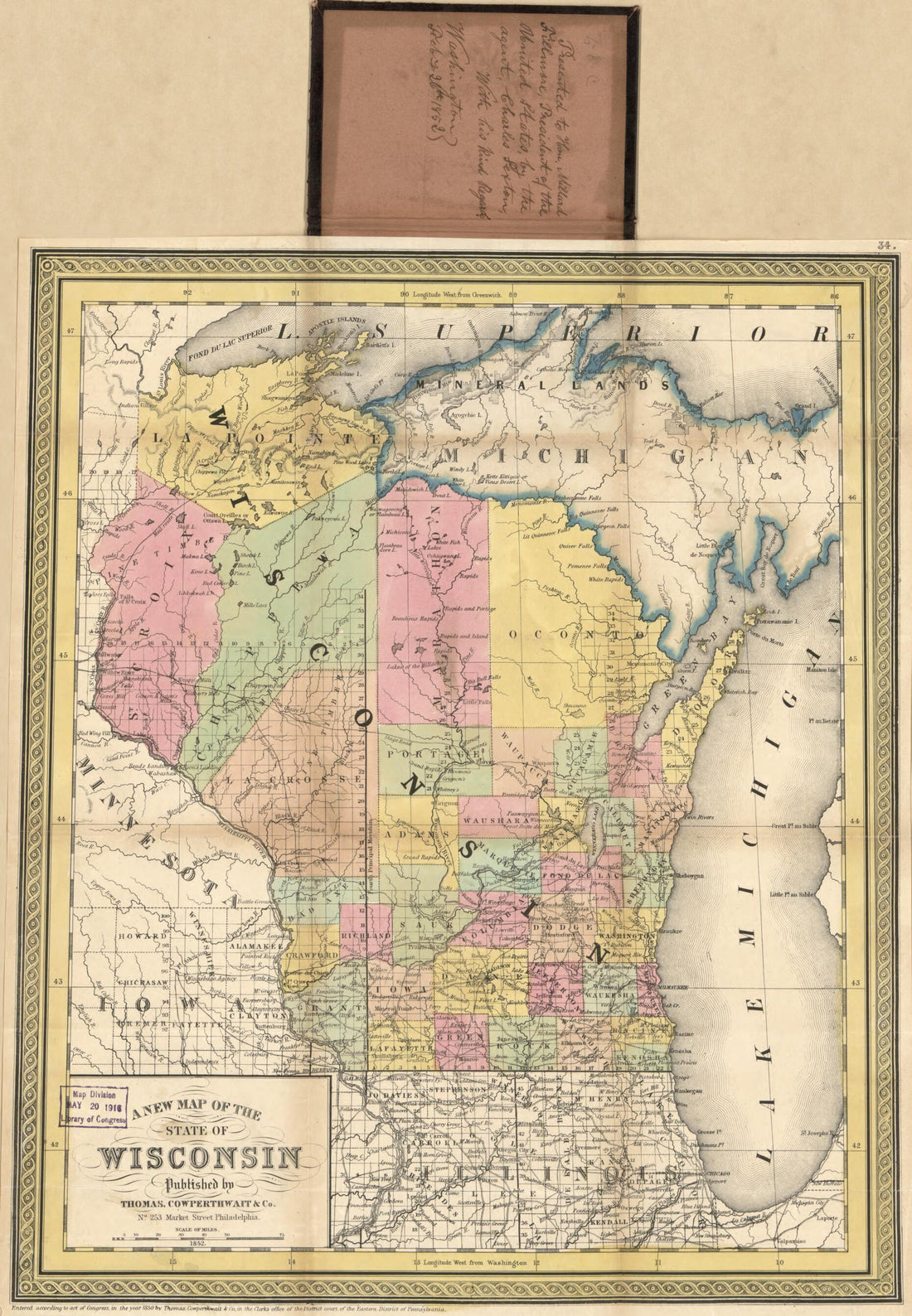 This old map of A New Map of the State of Wisconsin from 1852 was created by Cowperthwait & Co Thomas in 1852