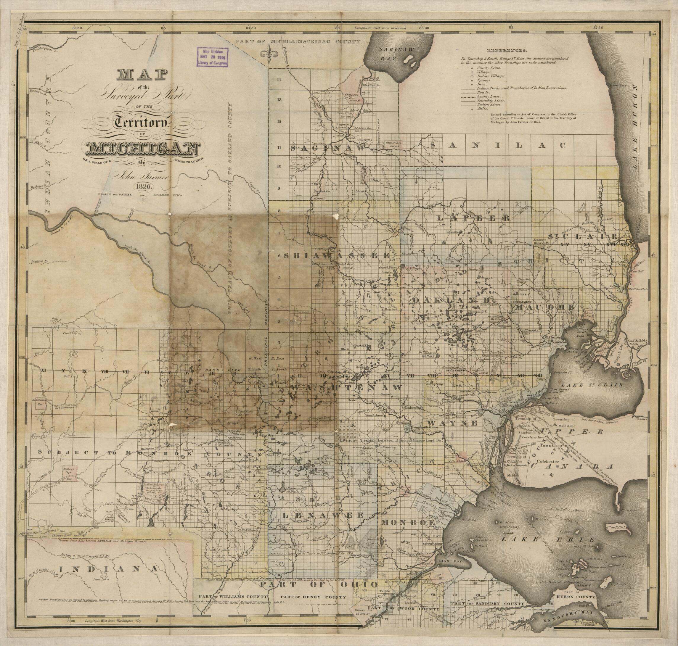 This old map of Map of the Surveyed Part of the Territory of Michigan On a Scale of 8 Miles to an Inch from 1826 was created by John Farmer, V. Balch and S. Stiles (Firm) in 1826