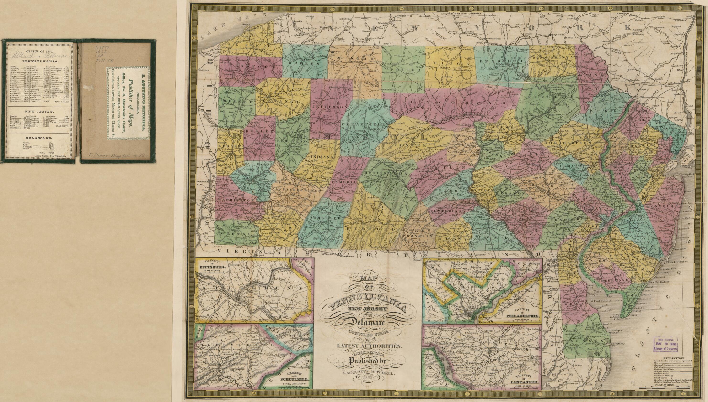This old map of Map of Pennsylvania, New Jersey, and Delaware : Compiled from the Latest Authorities. (Jersey & Delaware) from 1832 was created by Millard Fillmore, S. Augustus (Samuel Augustus) Mitchell in 1832