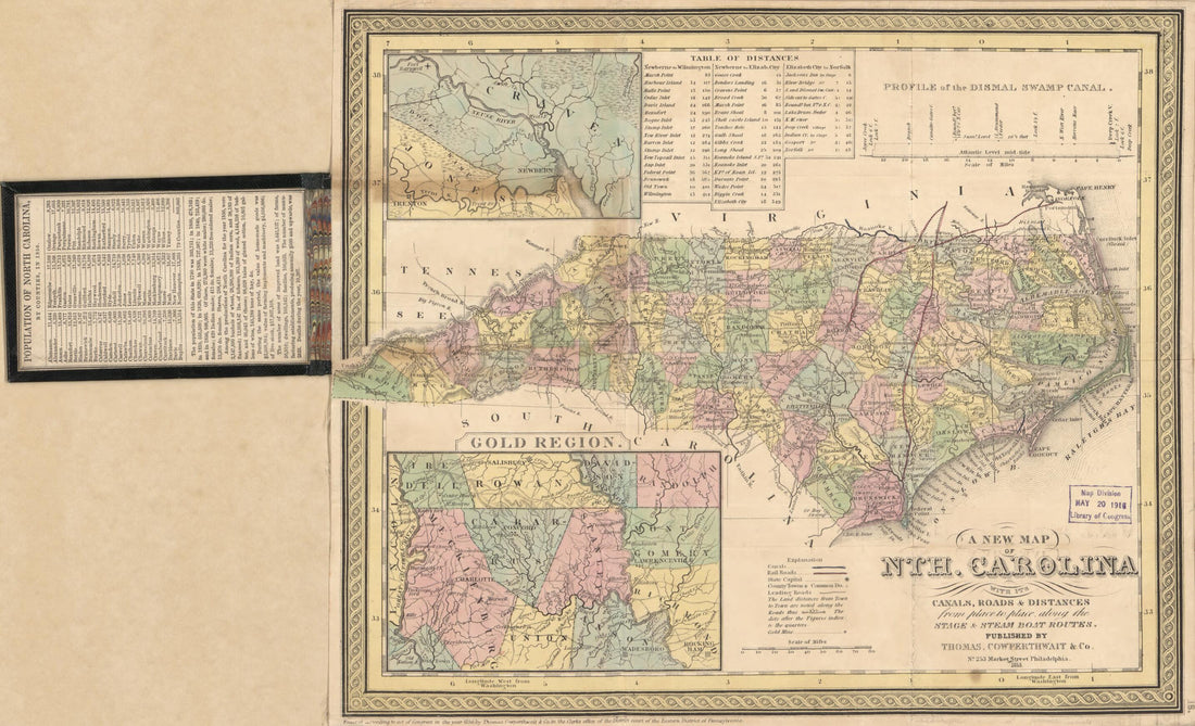 This old map of A New Map of Nth. Carolina : With Its Canals, Roads & Distances from Place to Place, Along the Stage & Steam Boat Routes. (New Map of North Carolina :, N. Carolina) from 1853 was created by Cowperthwait & Co Thomas in 1853