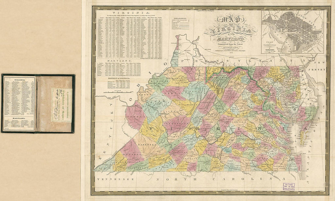 This old map of Map of Virginia and Maryland : Constructed from the Latest Authorities. (Virginia & Maryland) from 1834 was created by S. Augustus (Samuel Augustus) Mitchell, J. H. (James Hamilton) Young in 1834