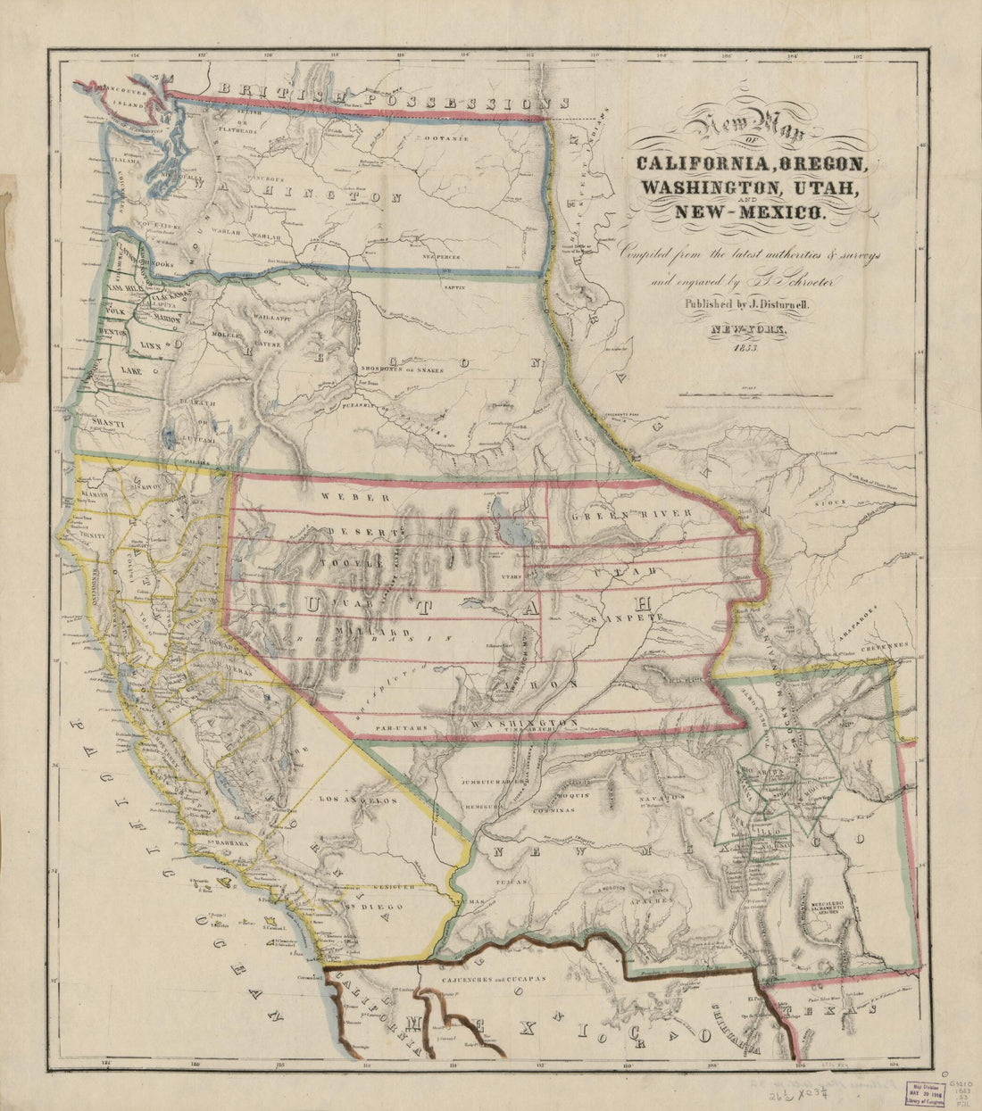 This old map of New Map of California, Oregon, Washington, Utah and New Mexico from 1853 was created by John Disturnell, G. Schroeter in 1853