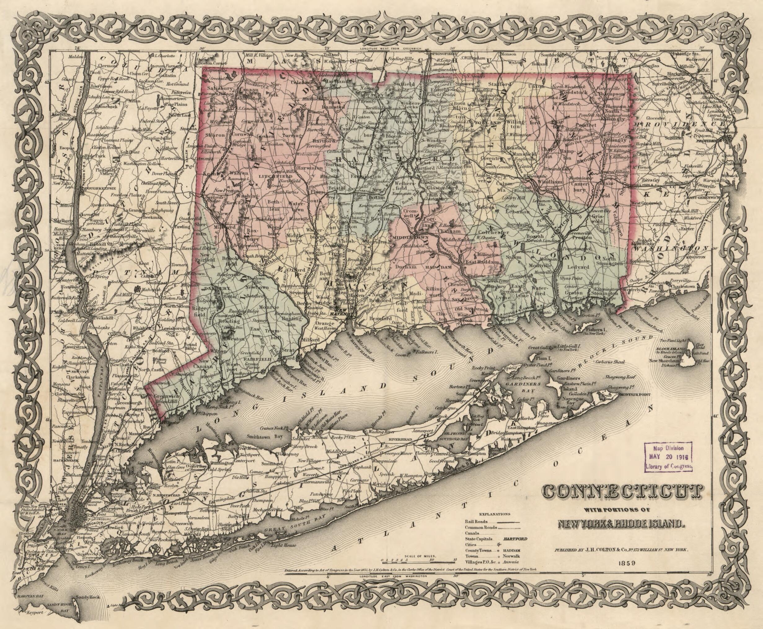 This old map of Connecticut With Portions of New York & Rhode Island from 1859 was created by Millard Fillmore, J.H. Colton & Co in 1859
