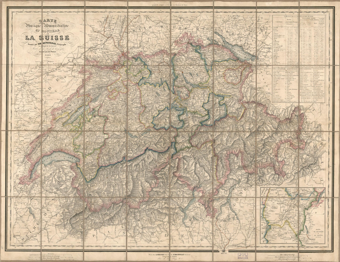 This old map of Carte Physique, Administrative Et Routière De La Suisse from 1855 was created by Th. (Thunot) Duvotenay, Ch Dyonnet, Millard Fillmore, Imprimerie Lemercier Et Cie in 1855