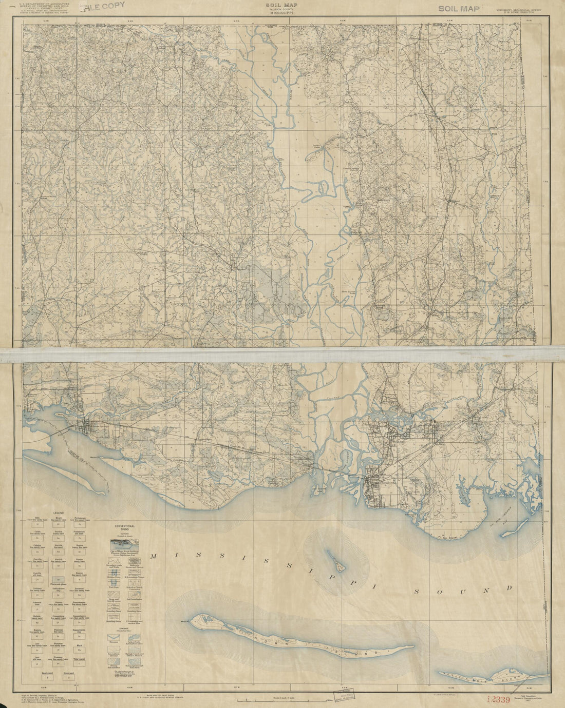 This old map of Soil Map Jackson County, Mississippi (Jackson County, Mississippi Soil Map, Soil Map Jackson Co. Miss) from 1927 was created by Mississippi Geological Survey, United States. Bureau of Chemistry and Soils in 1927