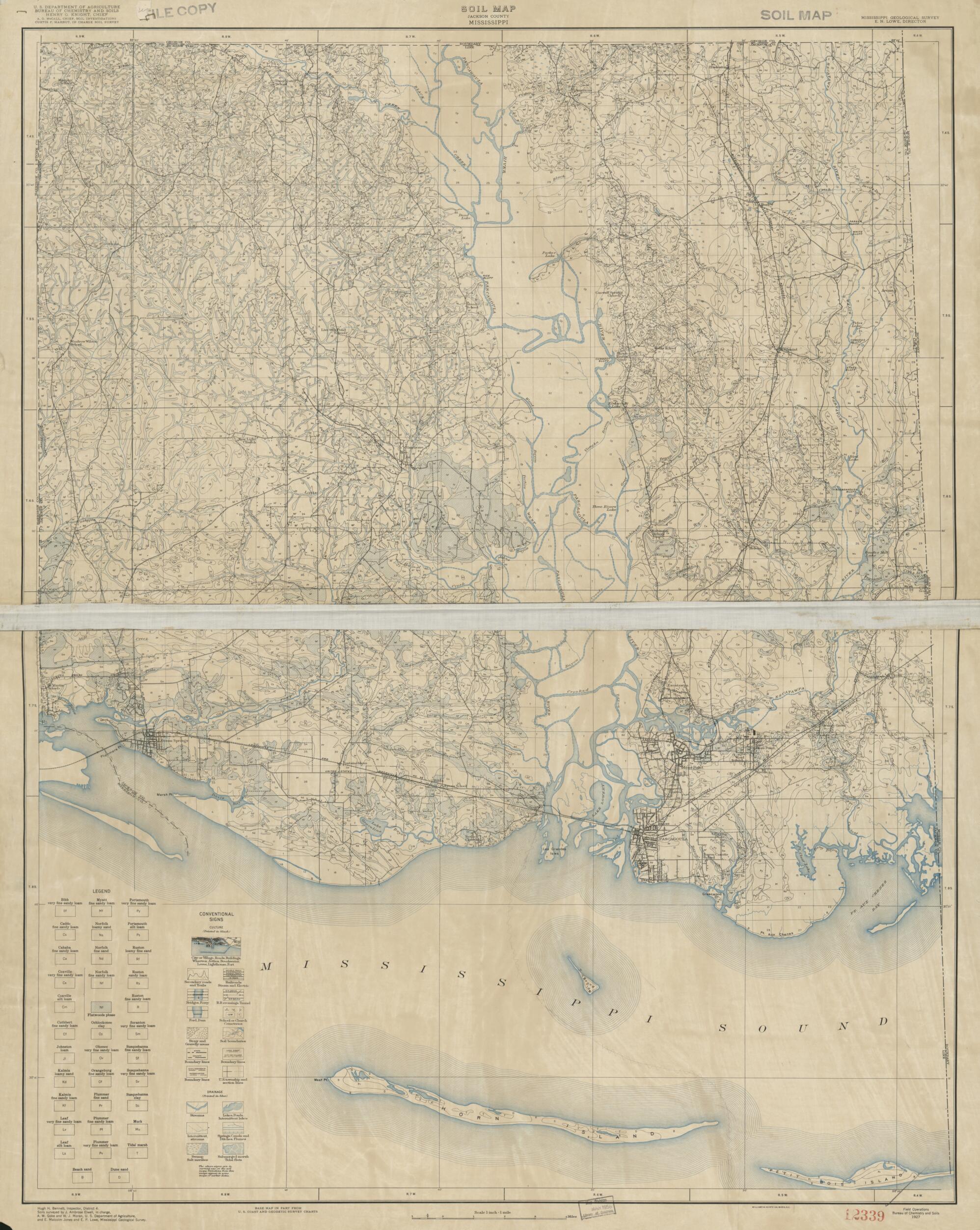 This old map of Soil Map Jackson County, Mississippi (Jackson County, Mississippi Soil Map, Soil Map Jackson Co. Miss) from 1927 was created by Mississippi Geological Survey, United States. Bureau of Chemistry and Soils in 1927