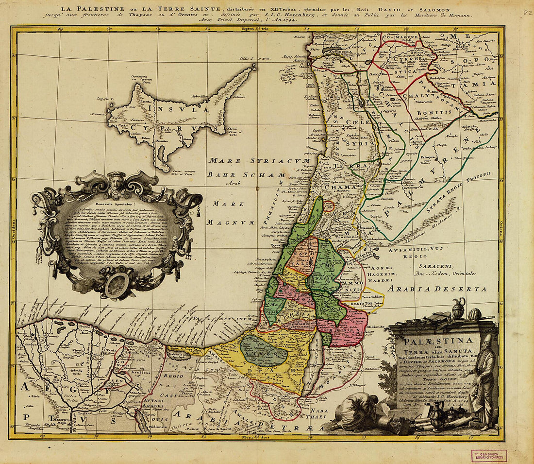 This old map of Palaestina Seu Terra Olim Sancta Tum Duodecim Tribubus Distributa Tum a Davide Et Salomone from 1744 was created by Johann Christoph Harenberg, Homann Erben (Firm) in 1744