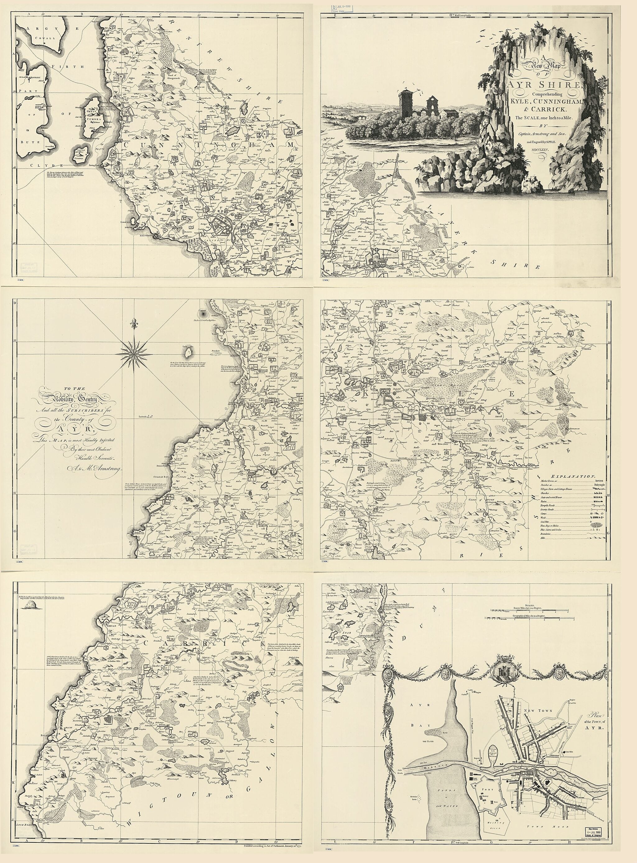 This old map of A New Map of Ayr Shire Comprehending Kyle, Cunningham & Carrick : the Scale One Inch to a Mile (New Map of Ayrshire Comprehending Kyle, Cunningham & Carrick) from 1775 was created by Captain Armstrong and Son, Stephen Pyle in 1775
