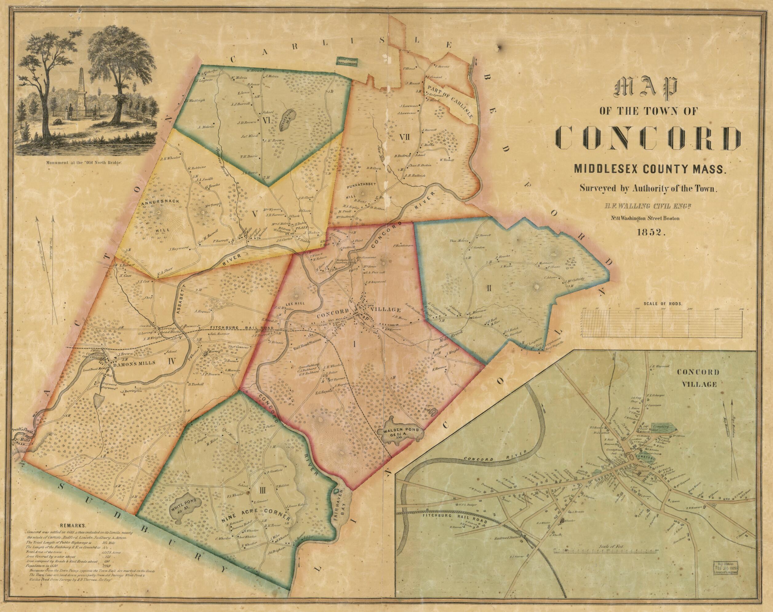 This old map of Map of the Town of Concord, Middlesex County Massachusetts from 1852 was created by Henry Francis Walling in 1852