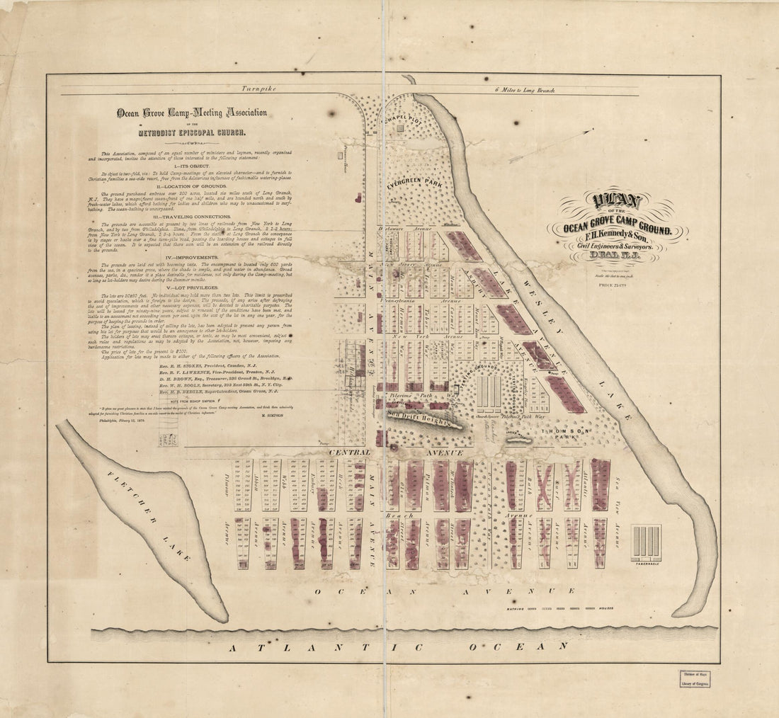 This old map of Plan of the Ocean Grove Camp Ground from 1870 was created by F.H. Kennedy & Son, Manufacturing & Lithographic Co Major & Knapp Engraving, Ocean Grove Camp Meeting Association in 1870