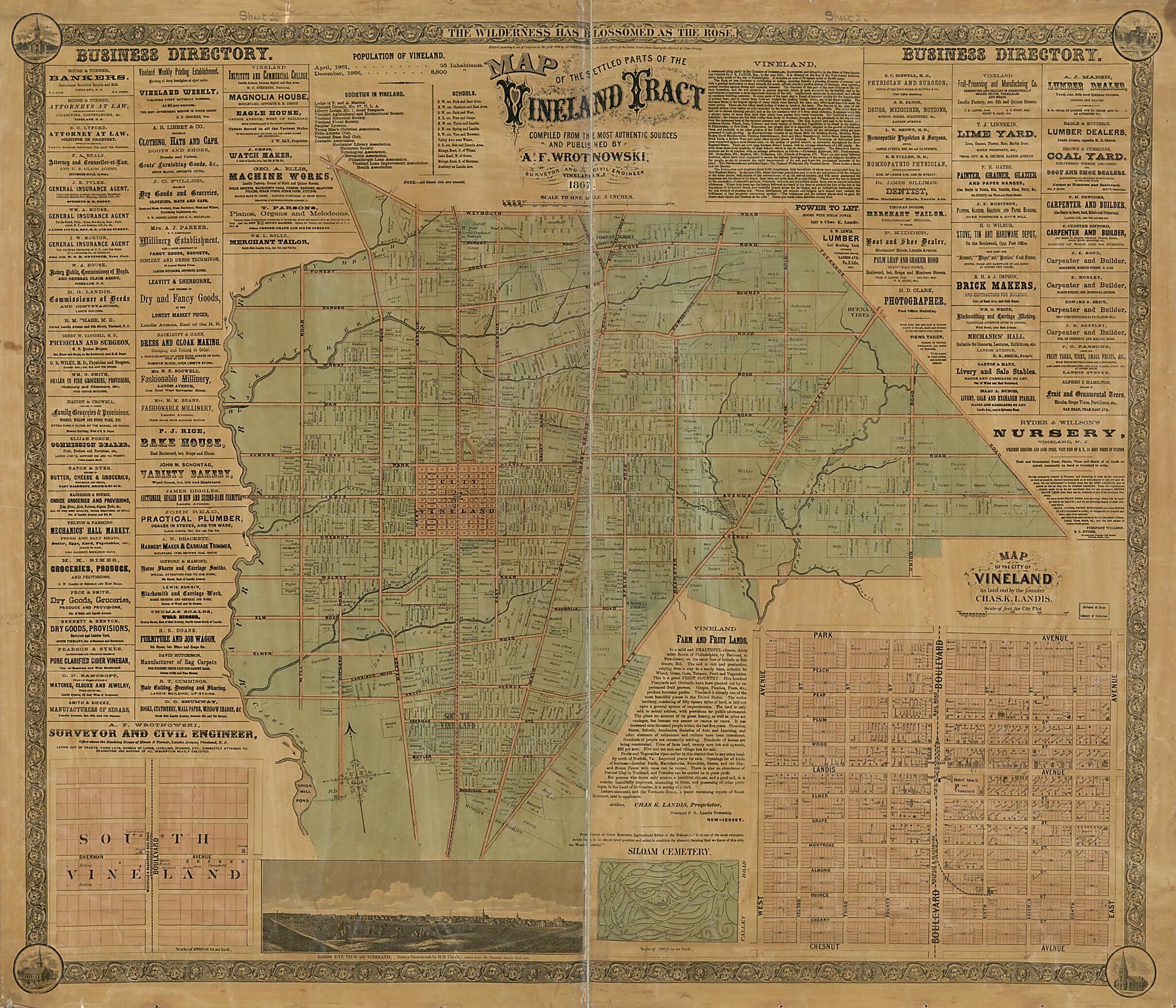 This old map of Map of the Settled Parts of the Vineland Tract from 1867 was created by Charles K. (Charles Kline) Landis, A. F. Wrotnowski in 1867