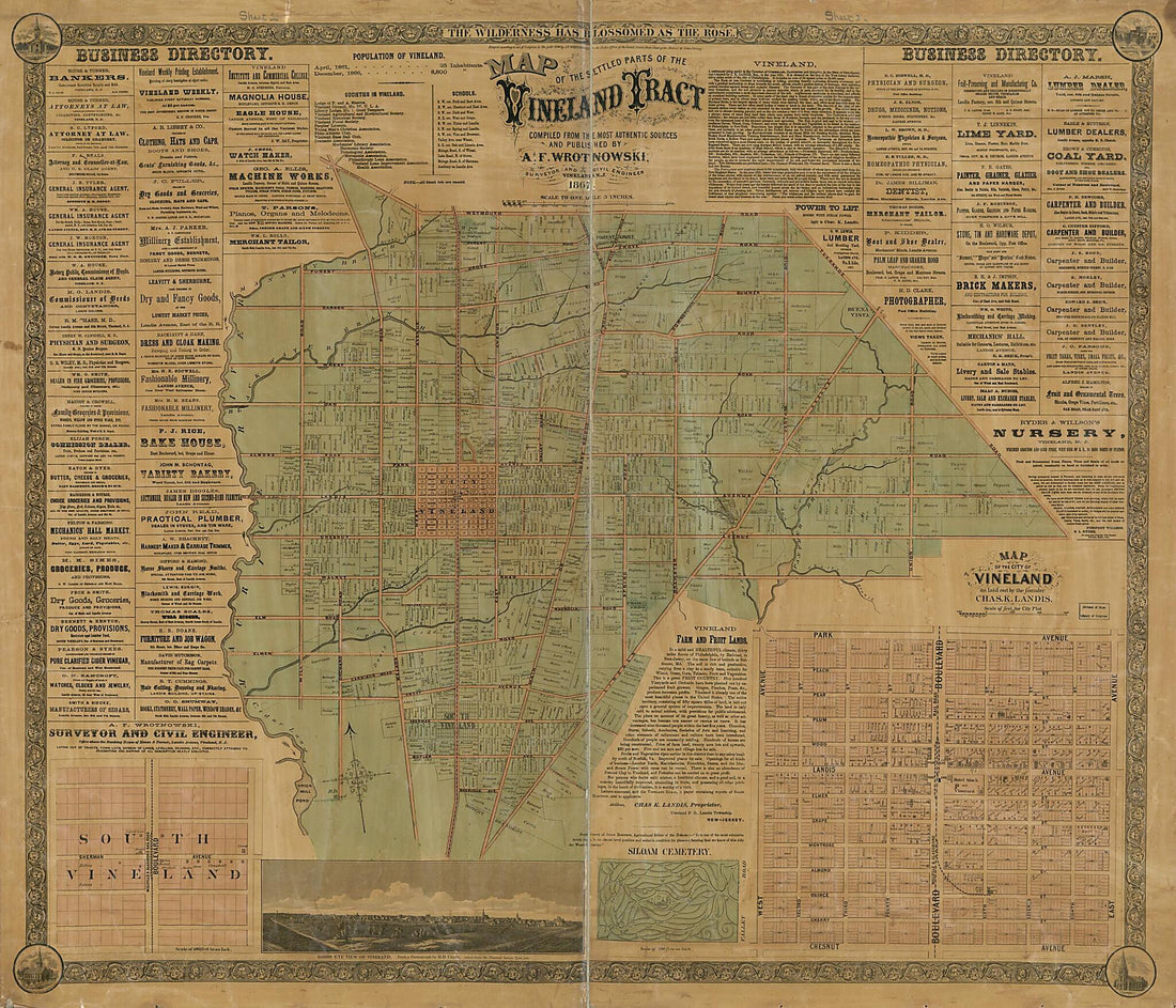 This old map of Map of the Settled Parts of the Vineland Tract from 1867 was created by Charles K. (Charles Kline) Landis, A. F. Wrotnowski in 1867
