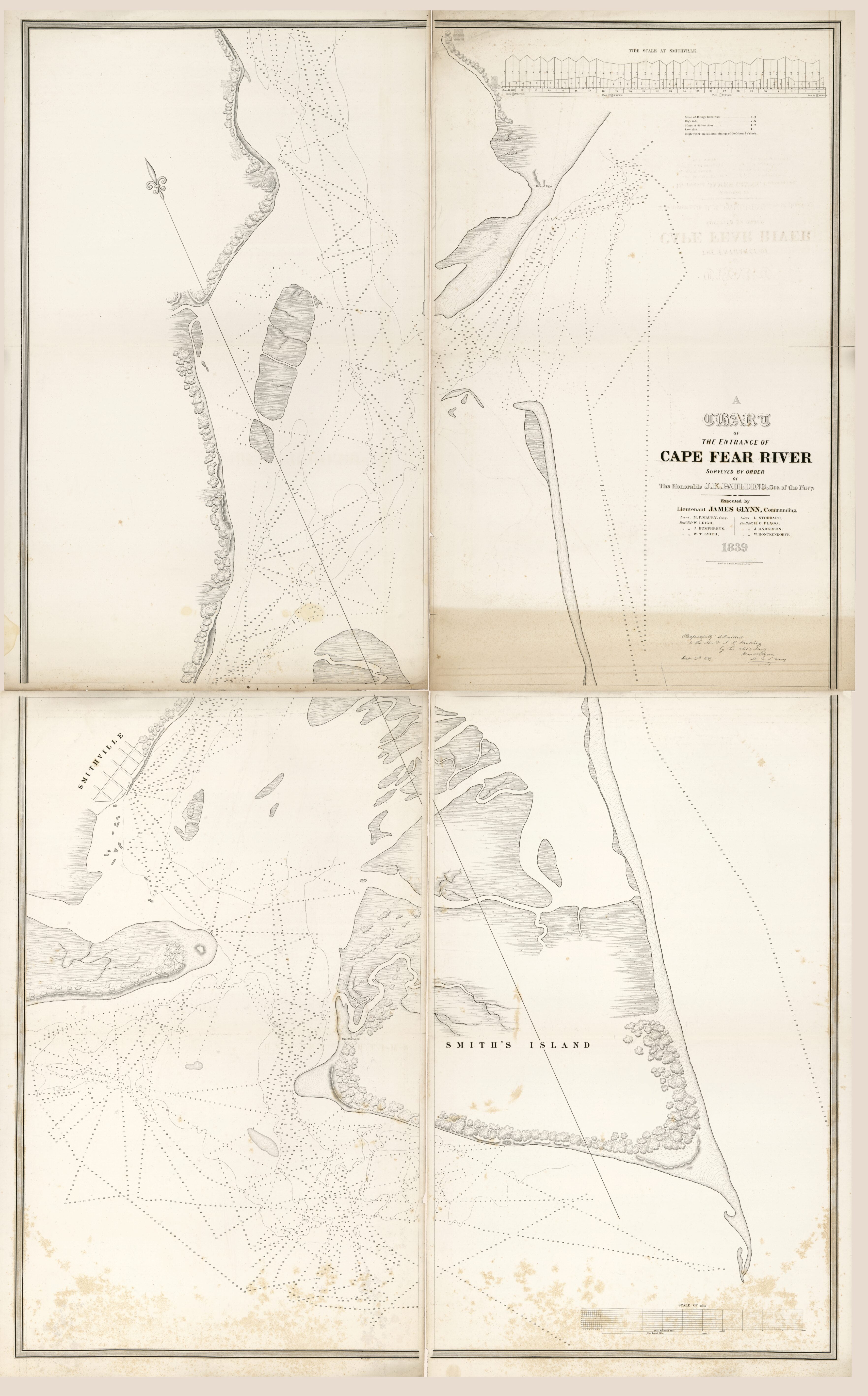 This old map of A Chart of the Entrance of Cape Fear River (Cape Fear River) from 1839 was created by James Glynn, Philip Haas, Matthew Fontaine Maury, James Kirke Paulding, United States. Navy in 1839