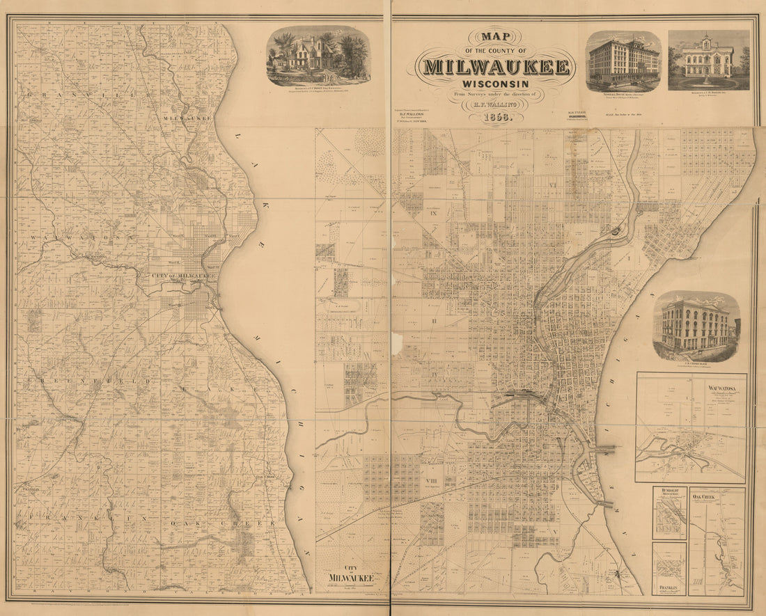 This old map of Map of the County of Milwaukee, Wisconsin from 1858 was created by Henry Francis Walling in 1858