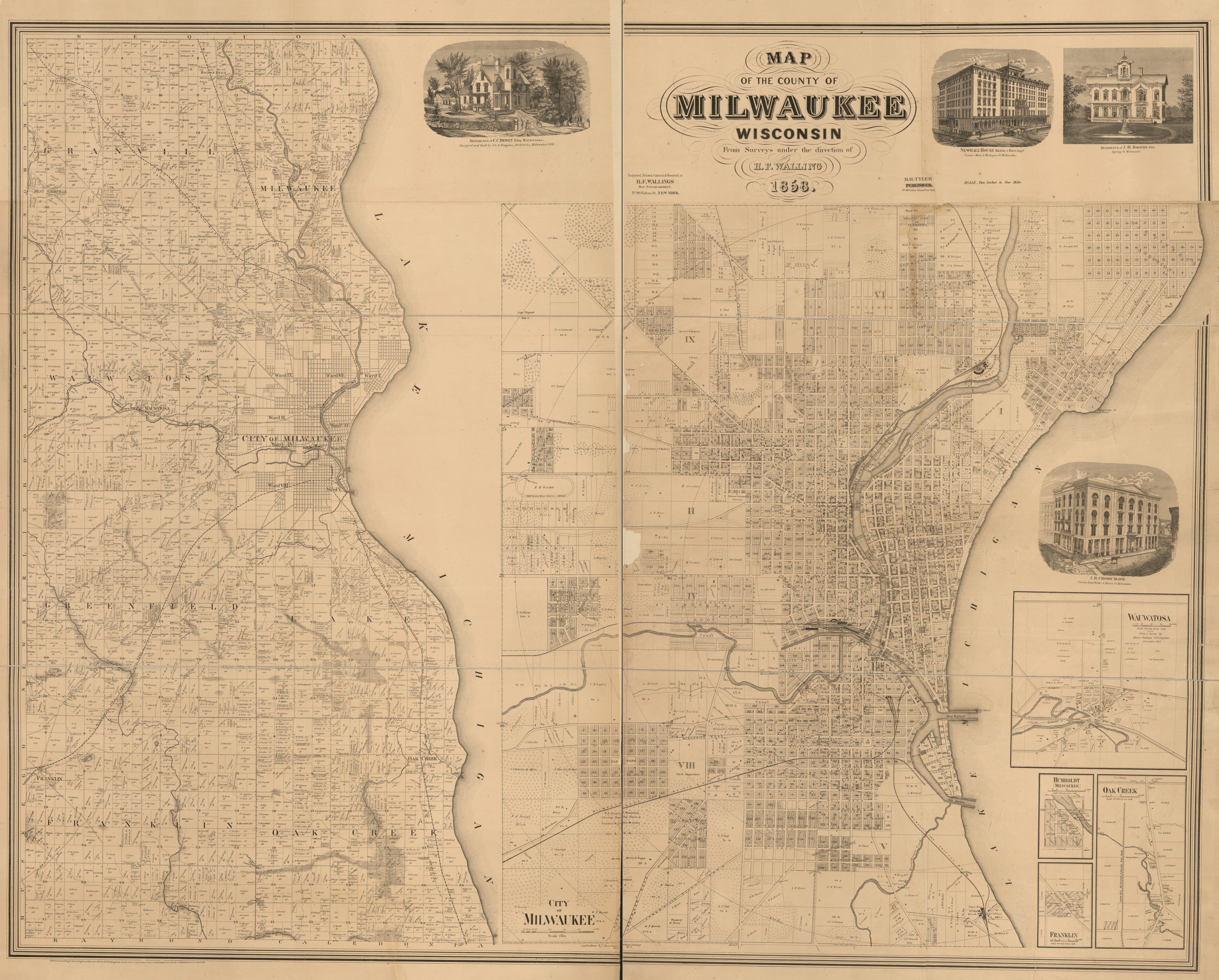 This old map of Map of the County of Milwaukee, Wisconsin from 1858 was created by Henry Francis Walling in 1858